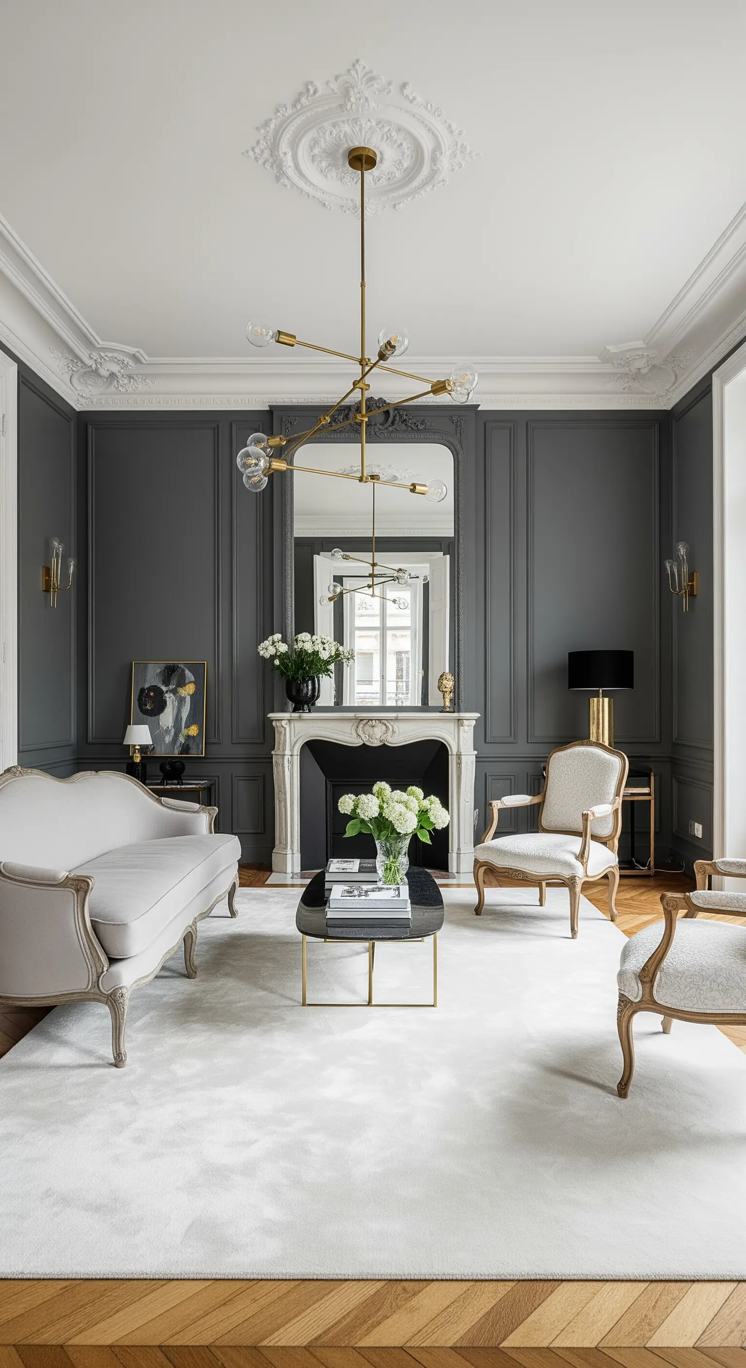 Elegantes Pariser Wohnzimmer mit dunklen Wandpaneelen, Stuckdecke und hellen klassischen Möbeln.