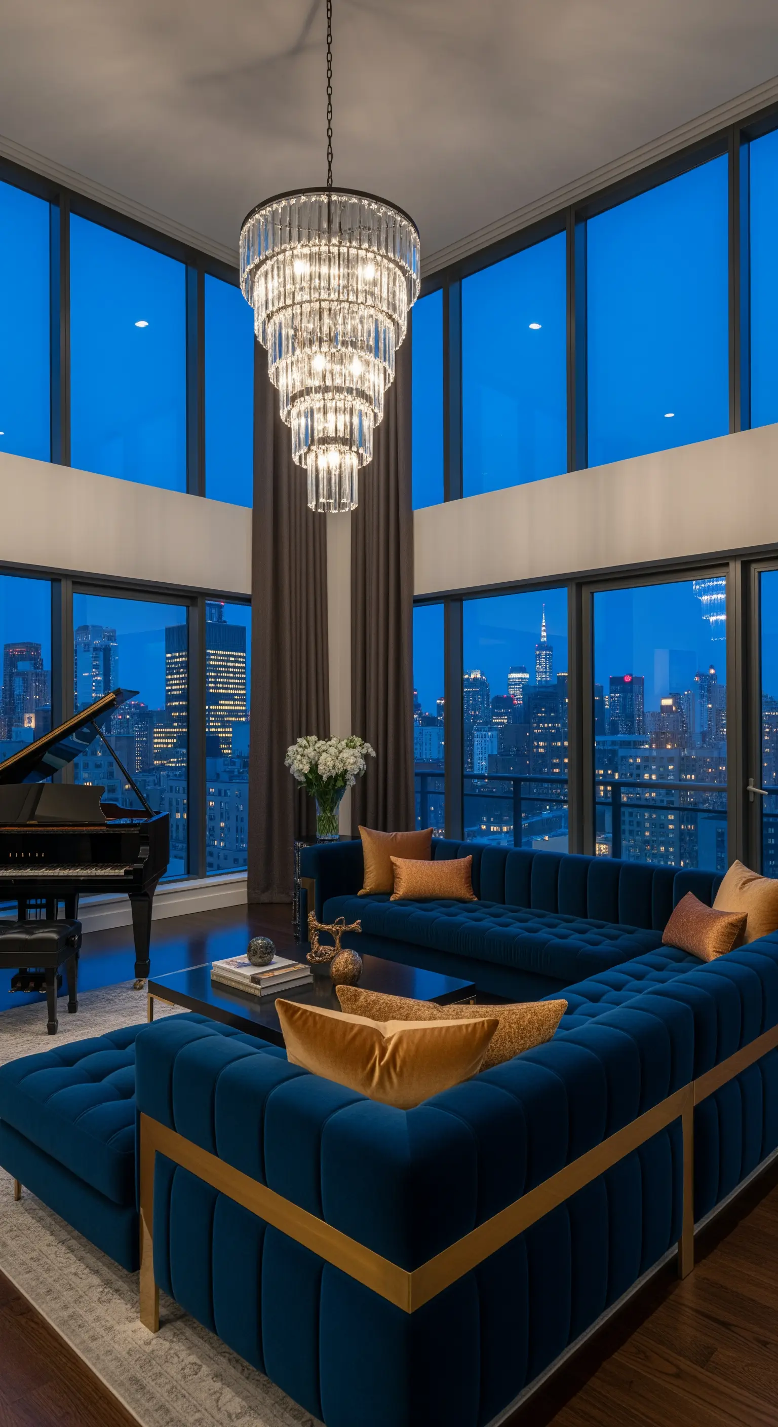 Blaues Samtsofa unter einem großen Kristallleuchter in einem Penthouse bei Nacht.