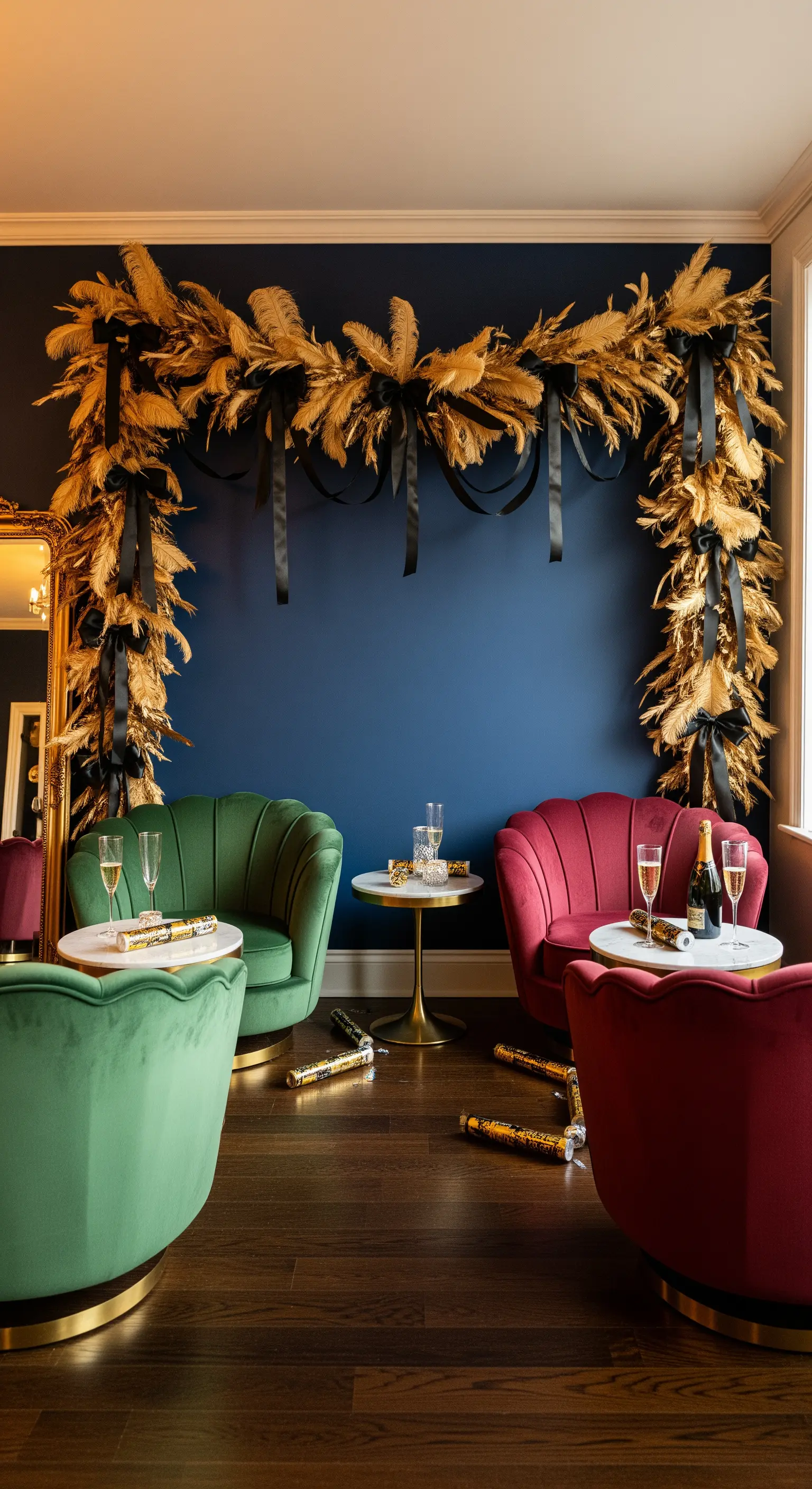 Statement-Wand mit großer Feder-Girlande und Samtbändern, umgeben von plüschigen Sesseln