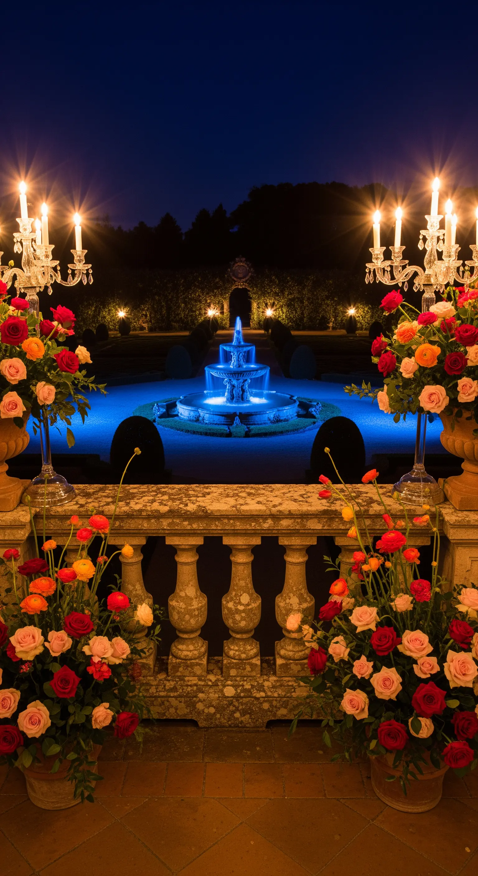 Balustrade mit Blumenarrangements und Kandelabern, im Hintergrund ein blau beleuchteter Brunnen