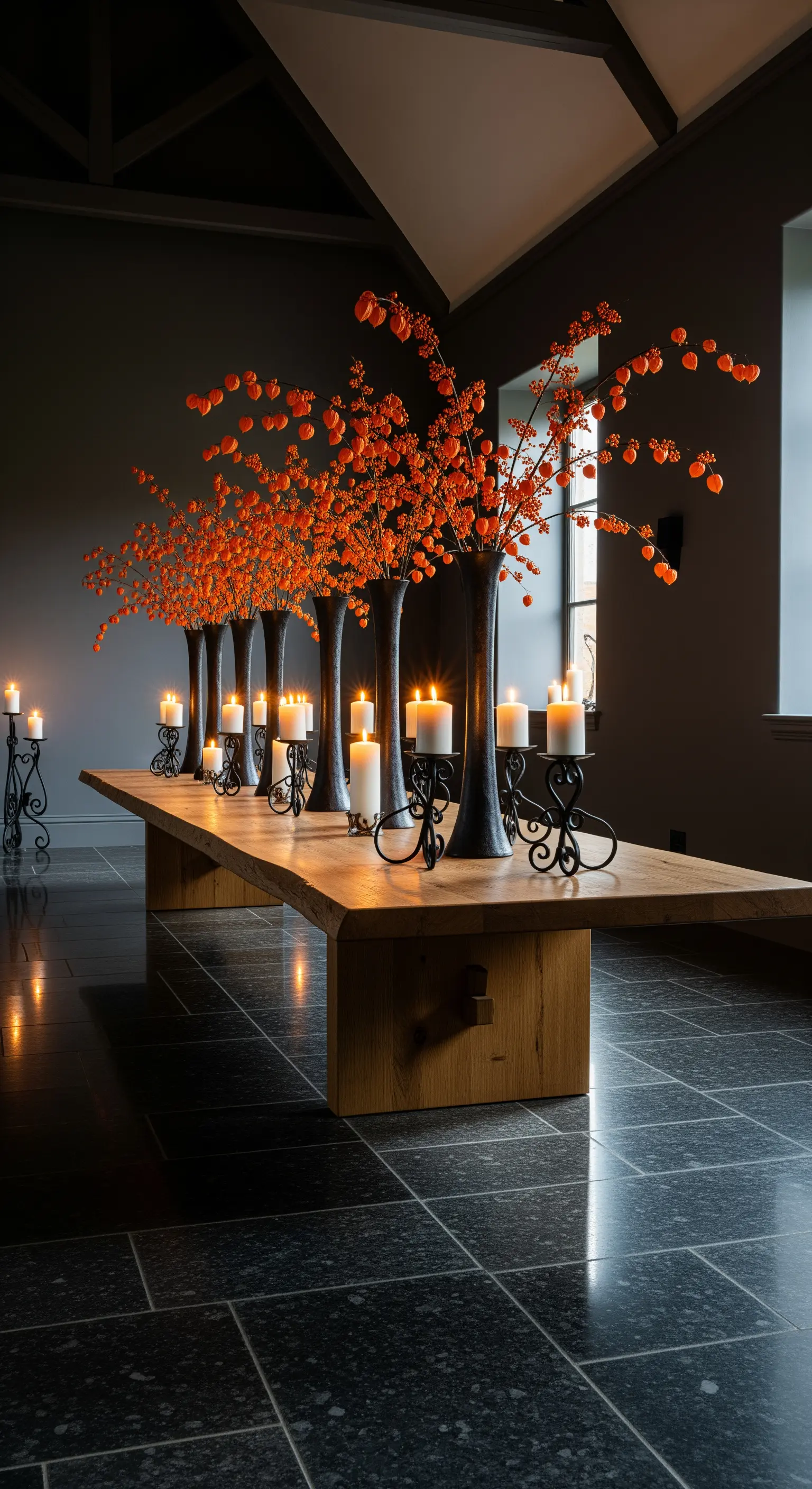 Hohe Vasen mit Feuerdorn-Zweigen, orange Beeren, schmiedeeiserne Kerzenleuchter auf Holztisch für Herbst-Eleganz.