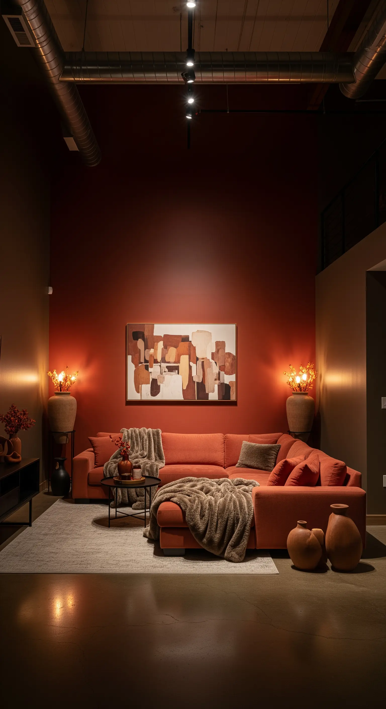 Wohnzimmer mit rostrot gestrichener Wand, großem Sofa und warmen Wandleuchten