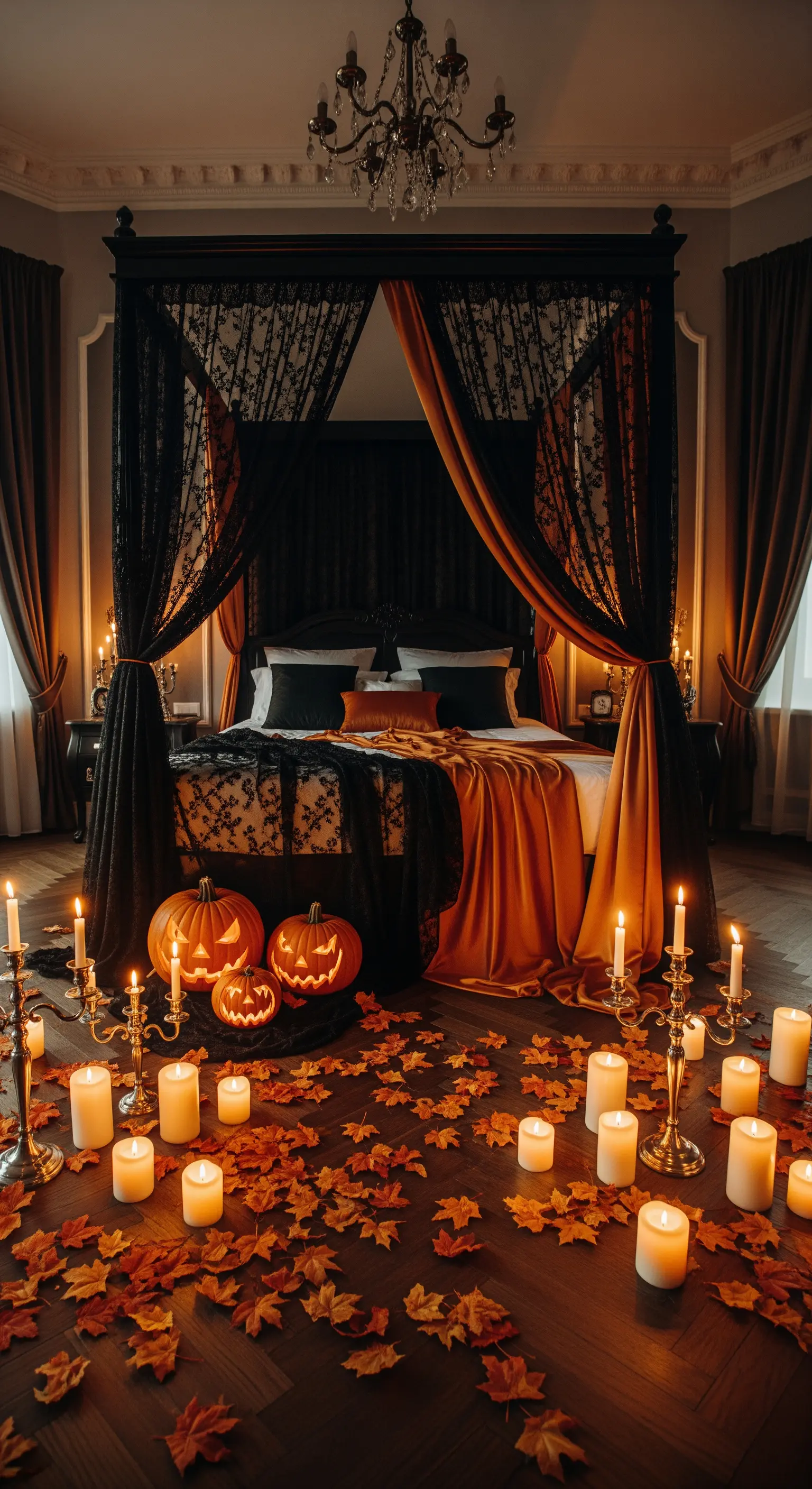 Himmelbett mit schwarzen und rostfarbenen Drapierungen, leuchtende Kürbisse und Kerzen