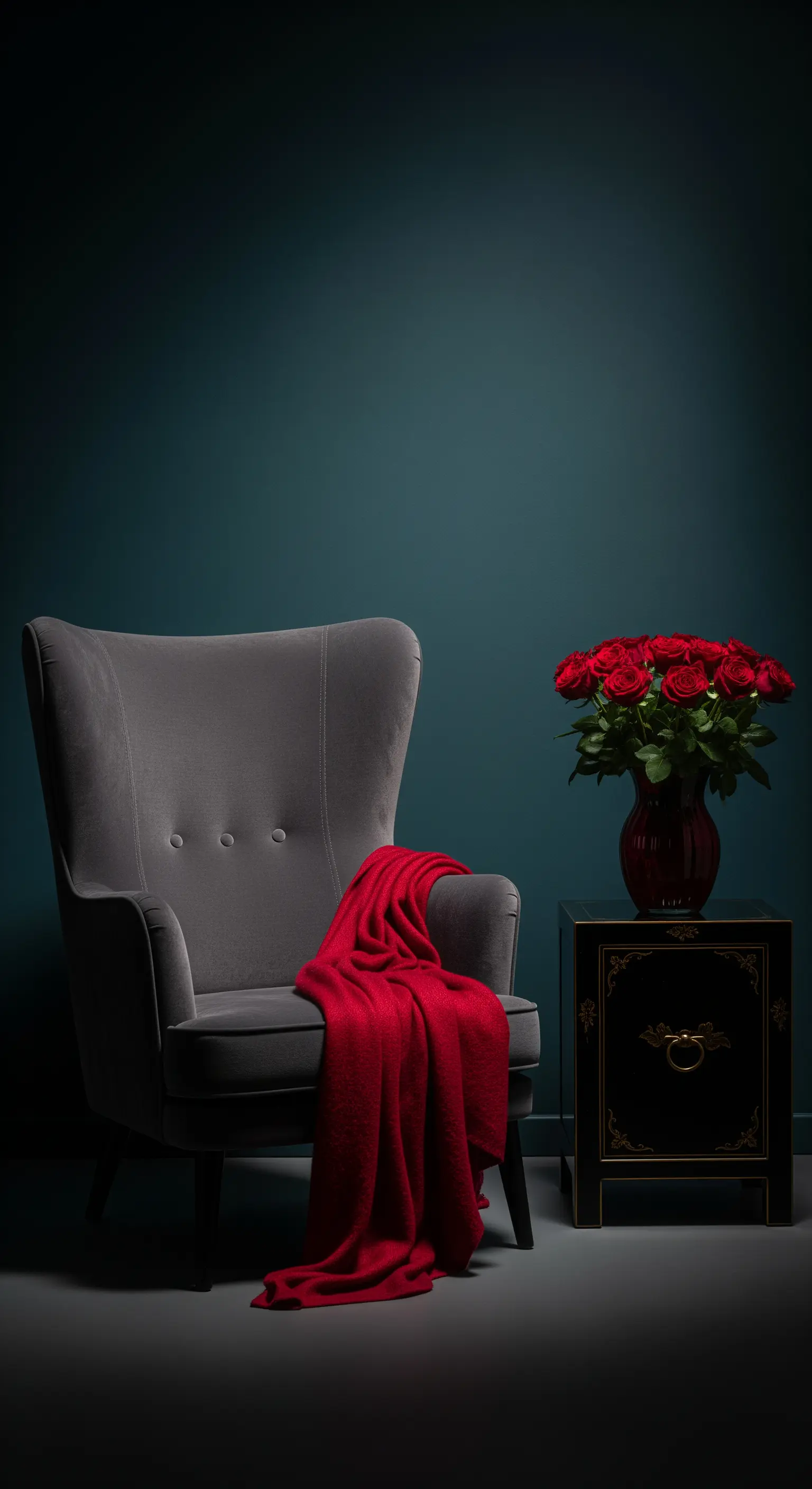 Eleganter grauer Sessel vor einer dunklen Wand, dramatisch beleuchtet, mit roter Decke.