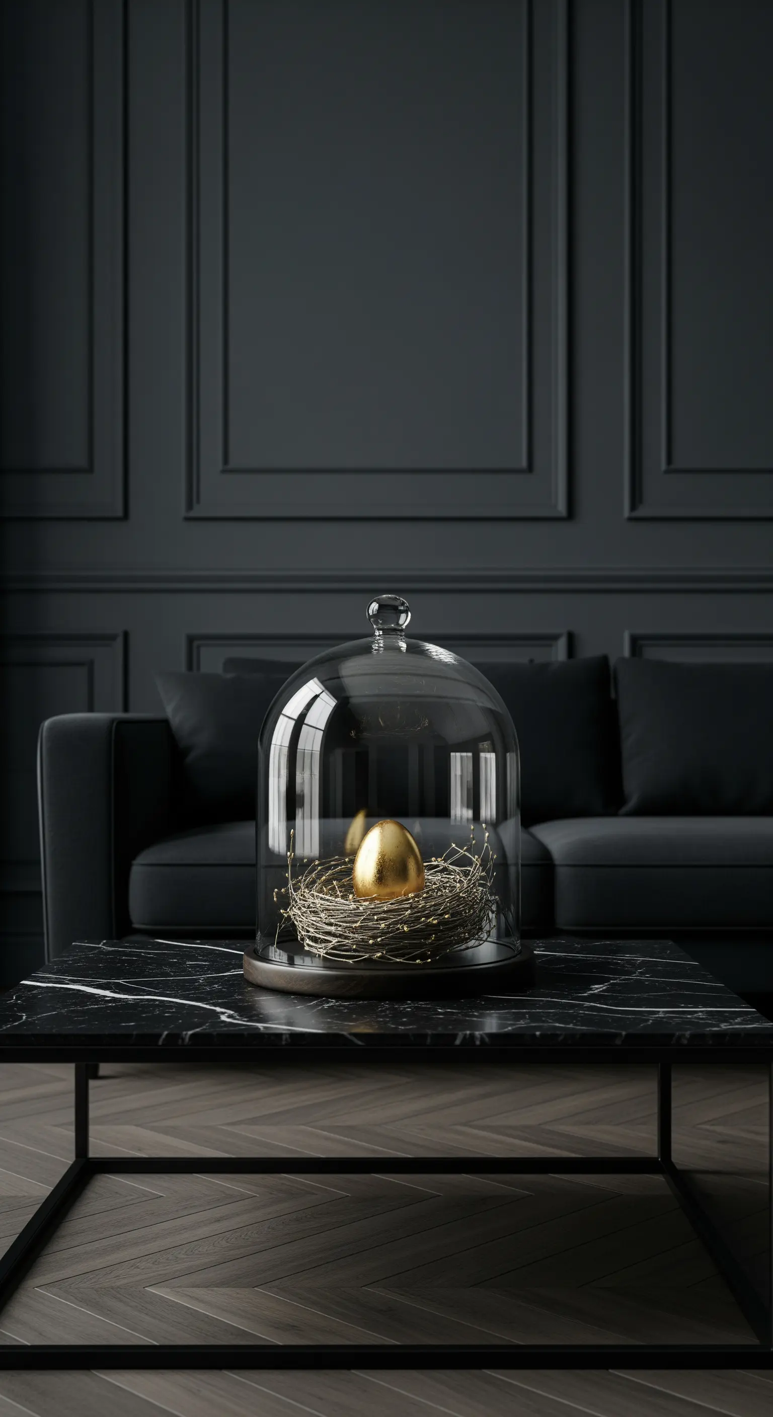 Ein goldenes Ei unter einer Glasglocke auf einem schwarzen Marmortisch.