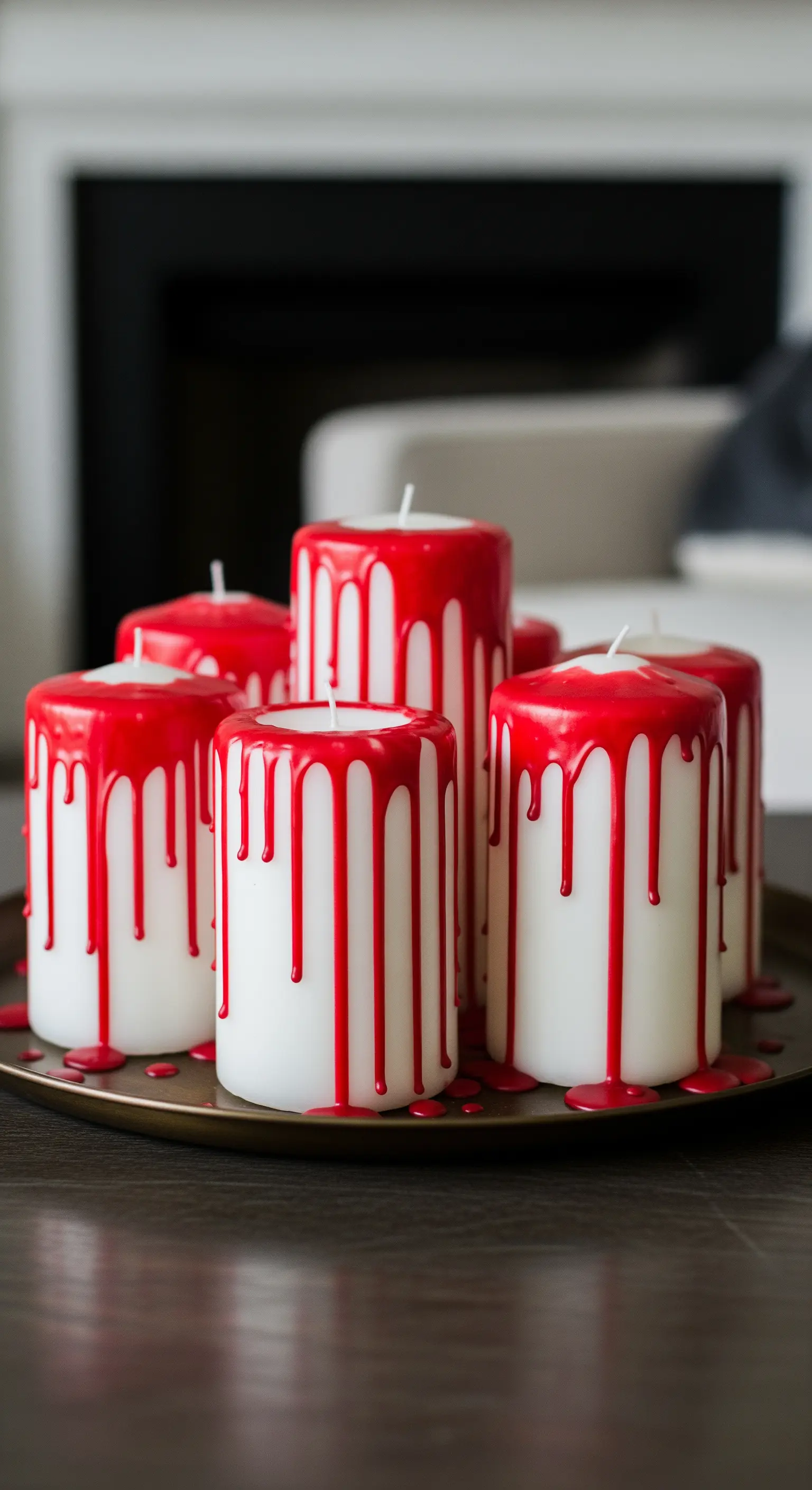 Weiße Stumpenkerzen, über die rotes Wachs getropft ist, auf einem Tablett.