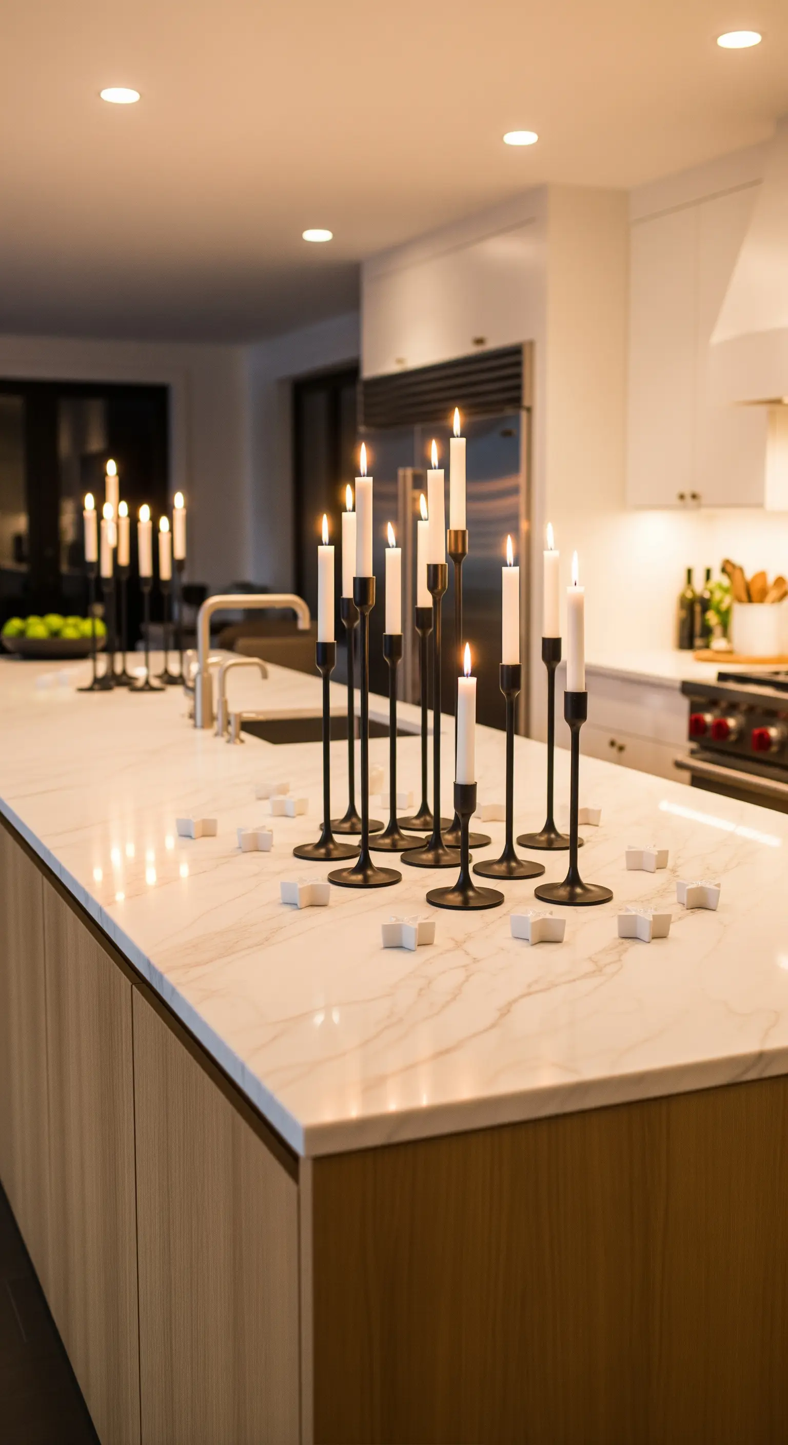 Kücheninsel mit zahlreichen schwarzen und weißen Kerzenhaltern.