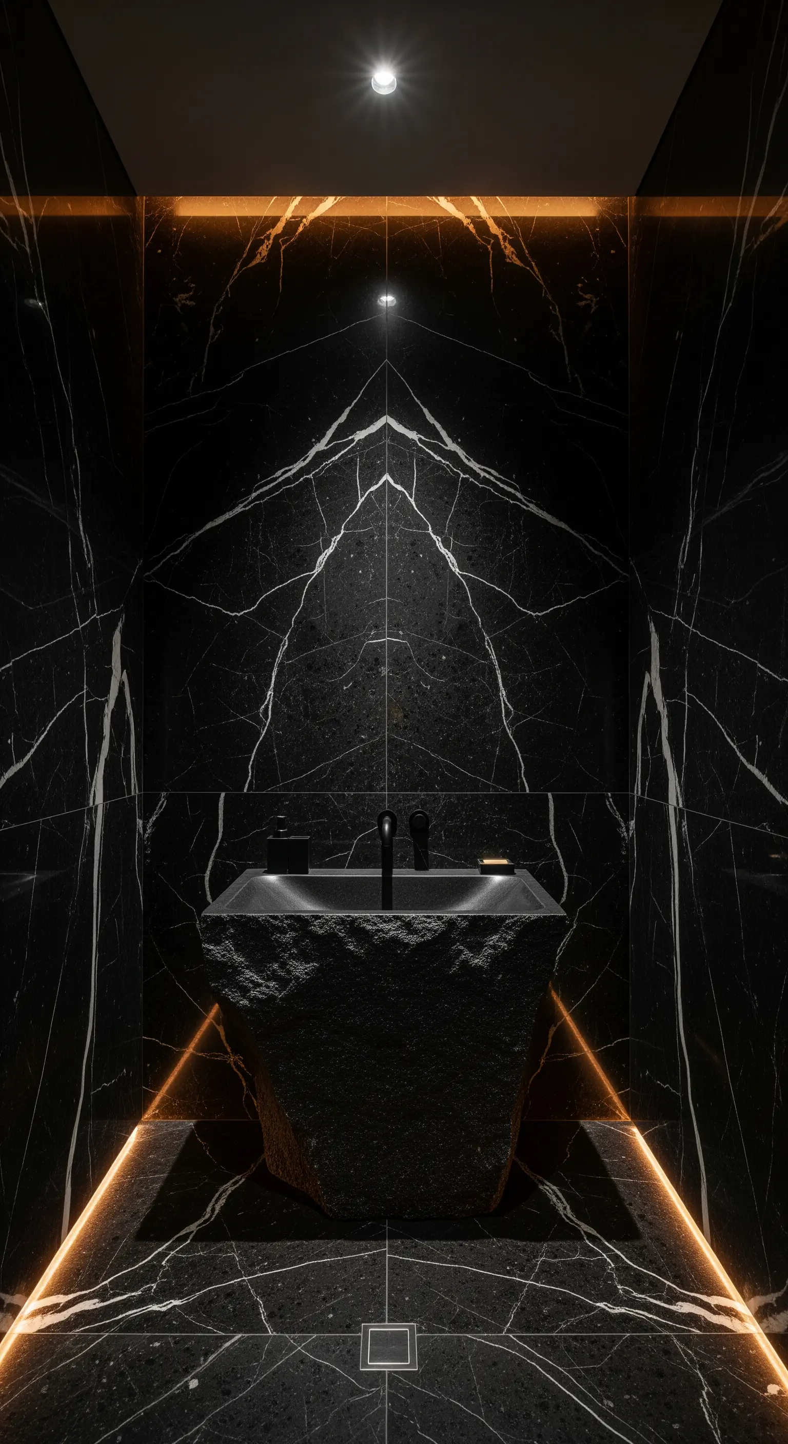 Schwarz-Marmor Bad, skulpturales Waschbecken, indirekte orange LED-Beleuchtung