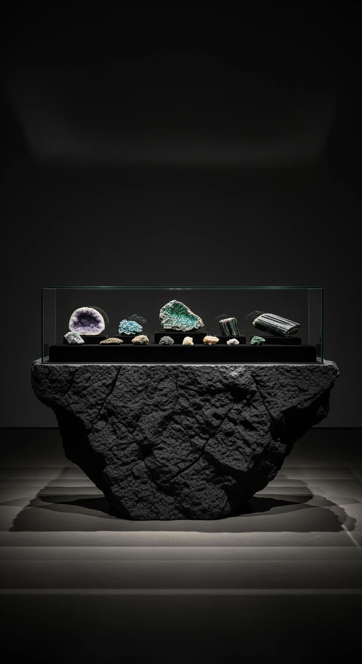 Dunkler Vulkanstein-Sockel mit Glasvitrine und beleuchteten Mineralien