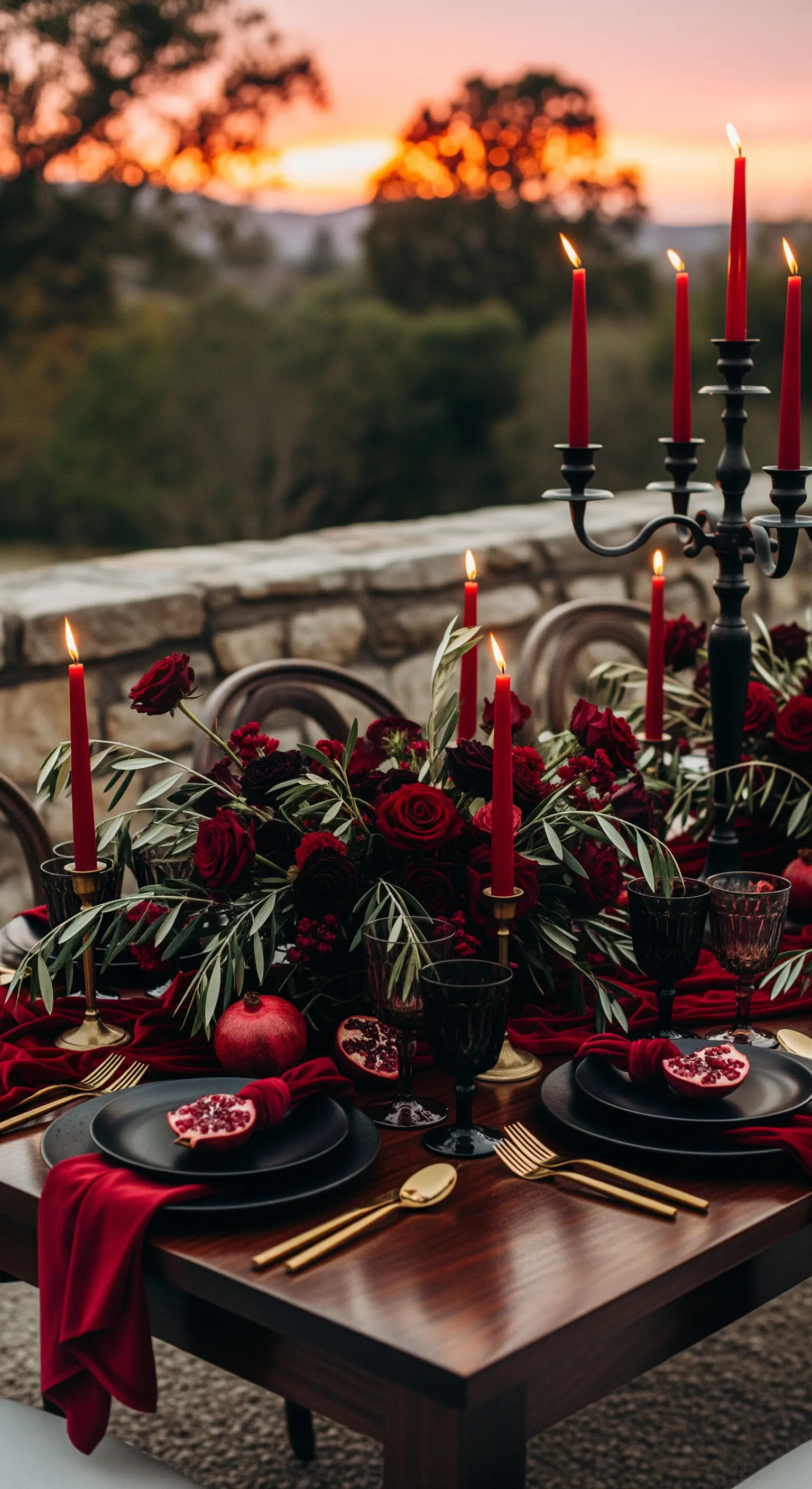 Dunkle, dramatische Tischdeko mit tiefroten Rosen, Granatäpfeln und schwarzen Kerzen