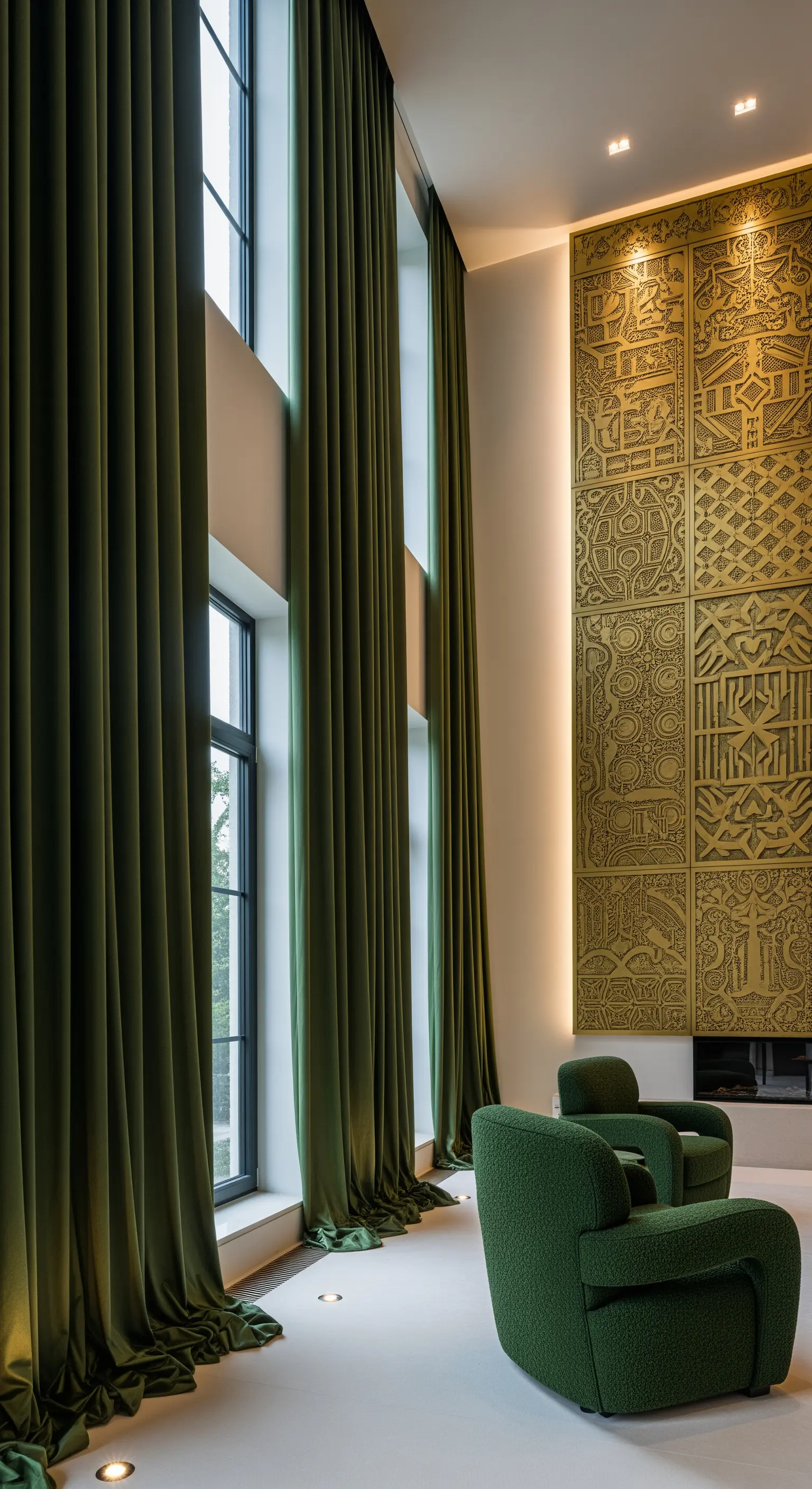 Bodentiefe grüne Samtvorhänge, hohe Fenster, grüne Sessel und Wandpaneel