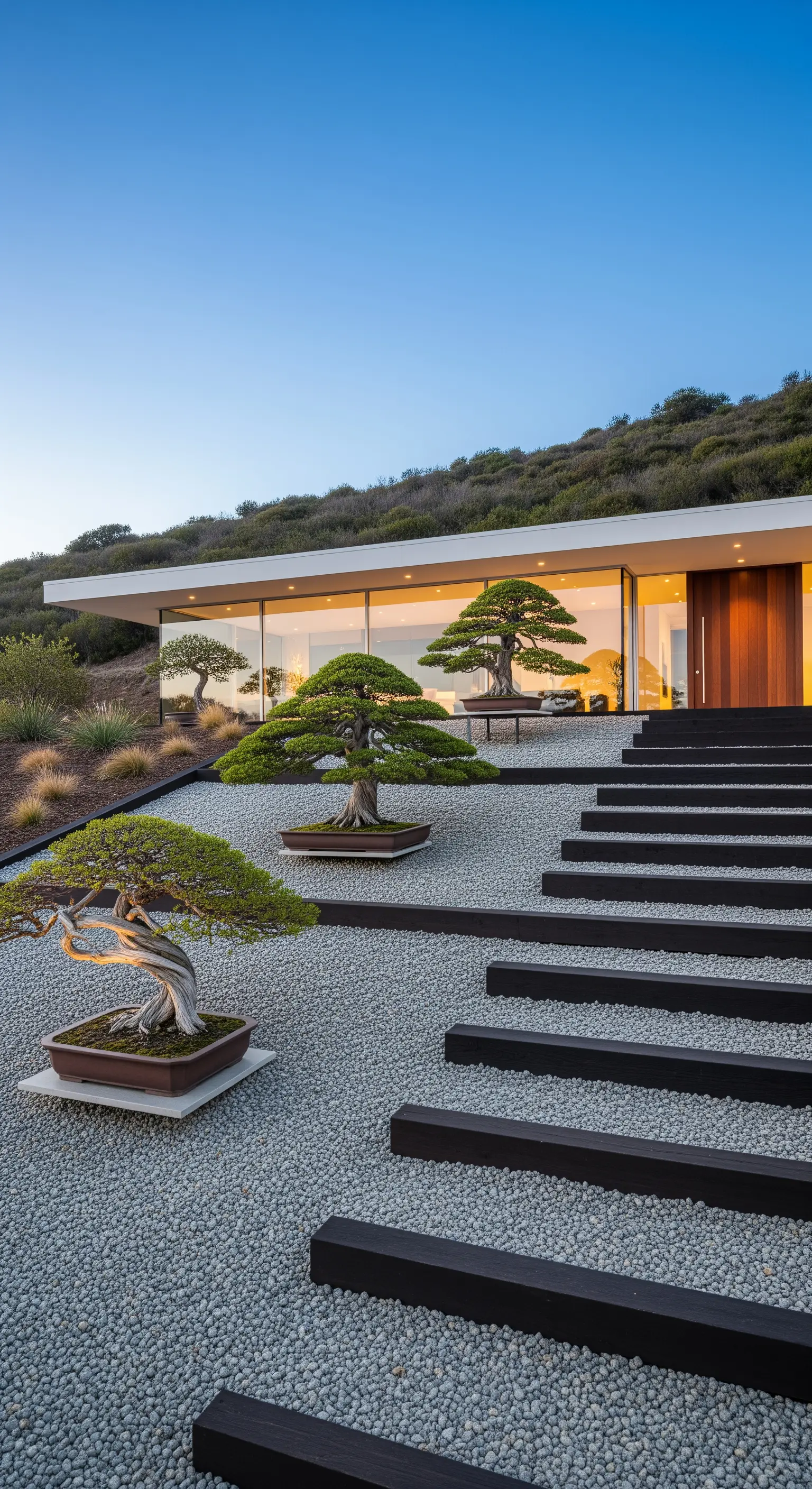 Abgestufte Landschaft mit dunklen Stufen, hellem Kies und mehreren Bonsai-Bäumen