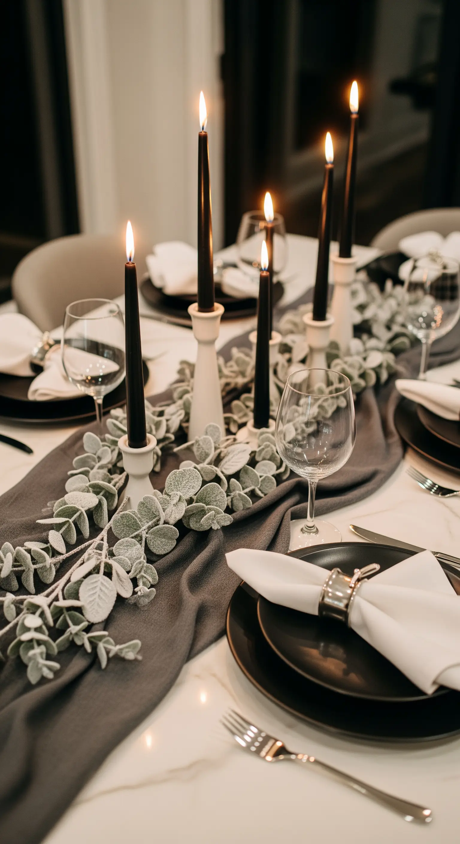 Festliche Tafel mit schwarzen Kerzen, weißen Haltern und Eukalyptusgirlande.