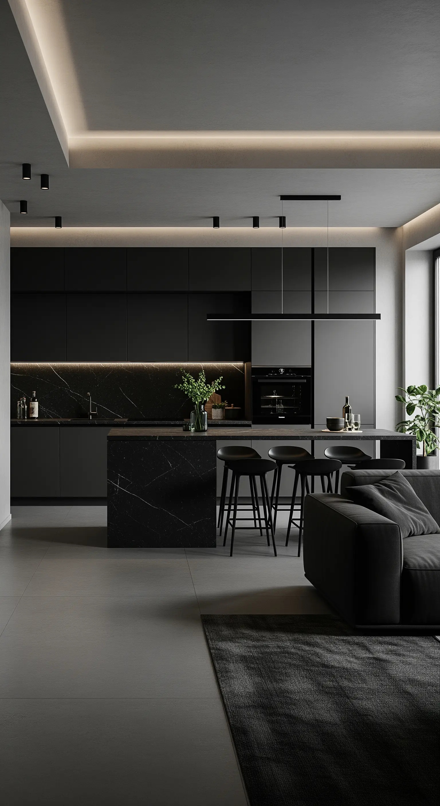 Dunkle, minimalistische Küche mit schwarzem Marmor und strategischer LED-Beleuchtung.