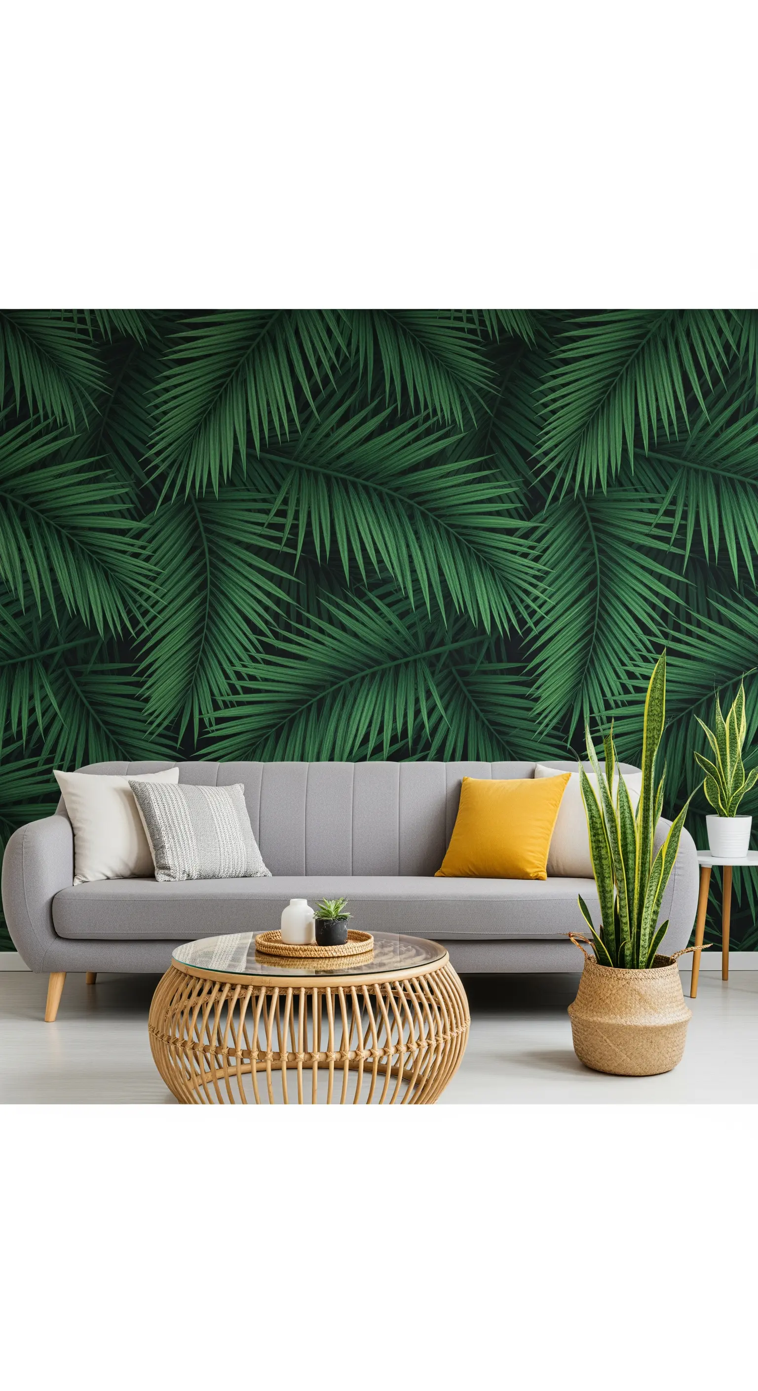 Wohnzimmer mit dunkler Palmen-Tapete und Rattan-Tisch
