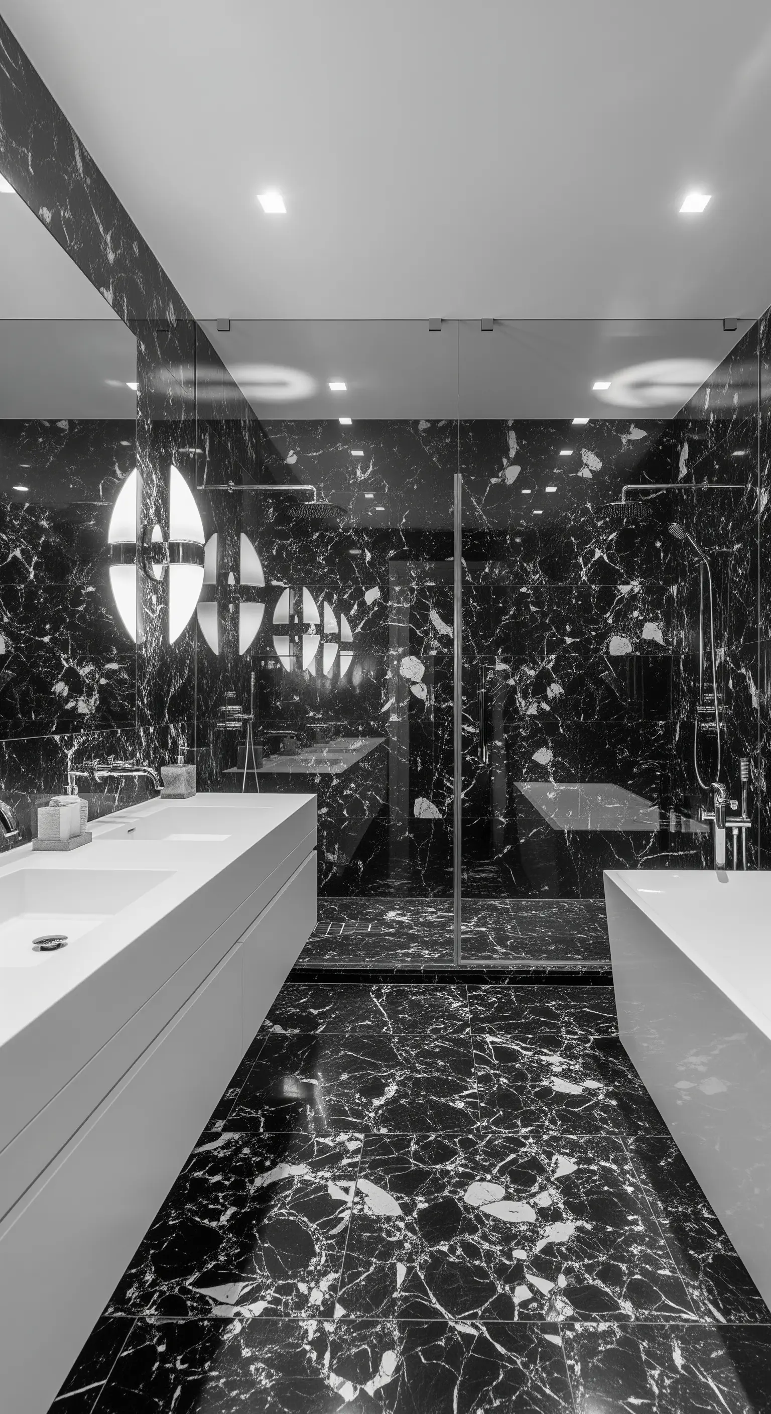 Luxuriöses Badezimmer komplett in schwarzem Marmor mit weißen, minimalistischen Waschtischen