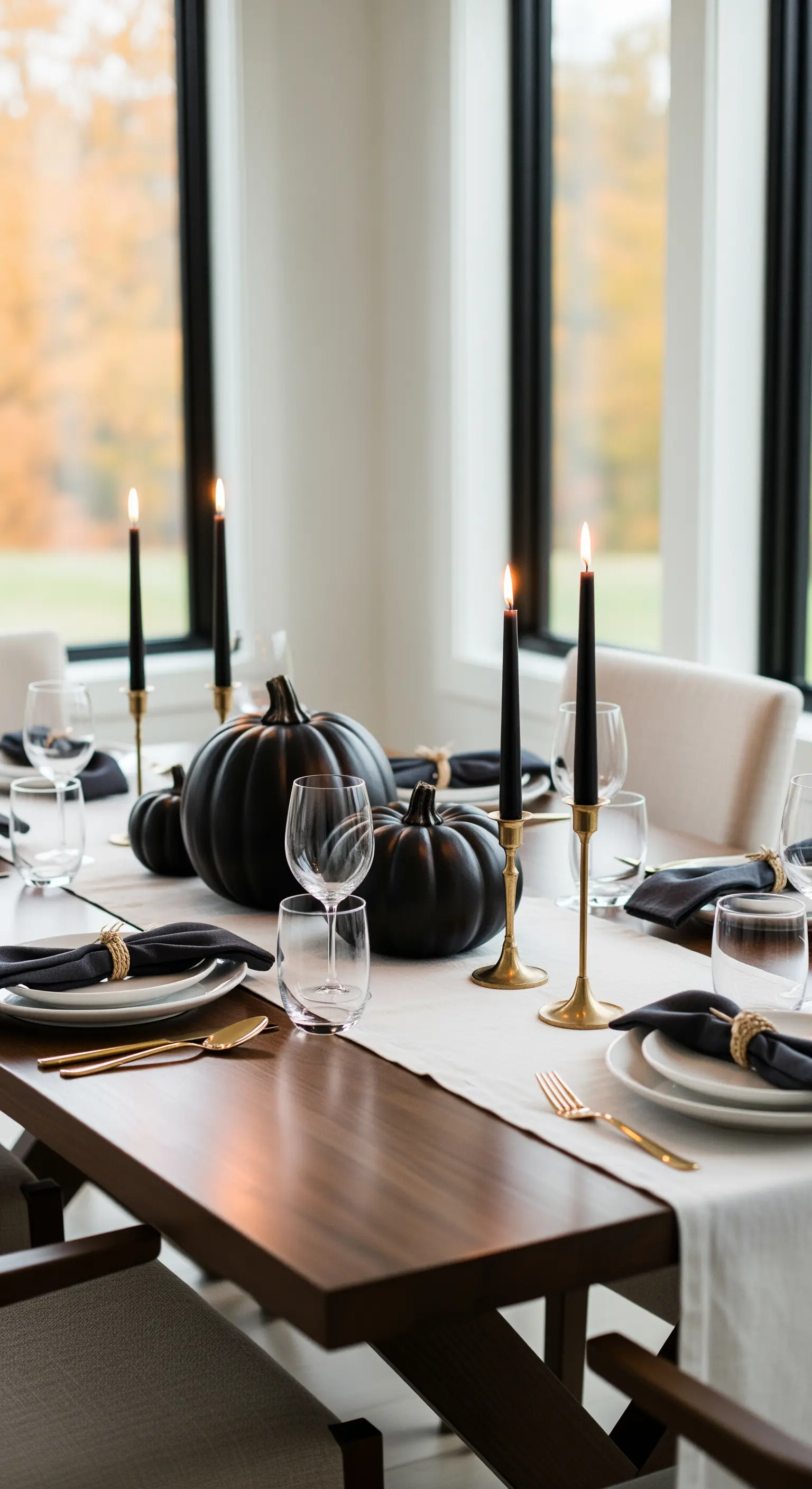 Elegante Esstischdekoration mit schwarzen Kürbissen und goldenen Akzenten