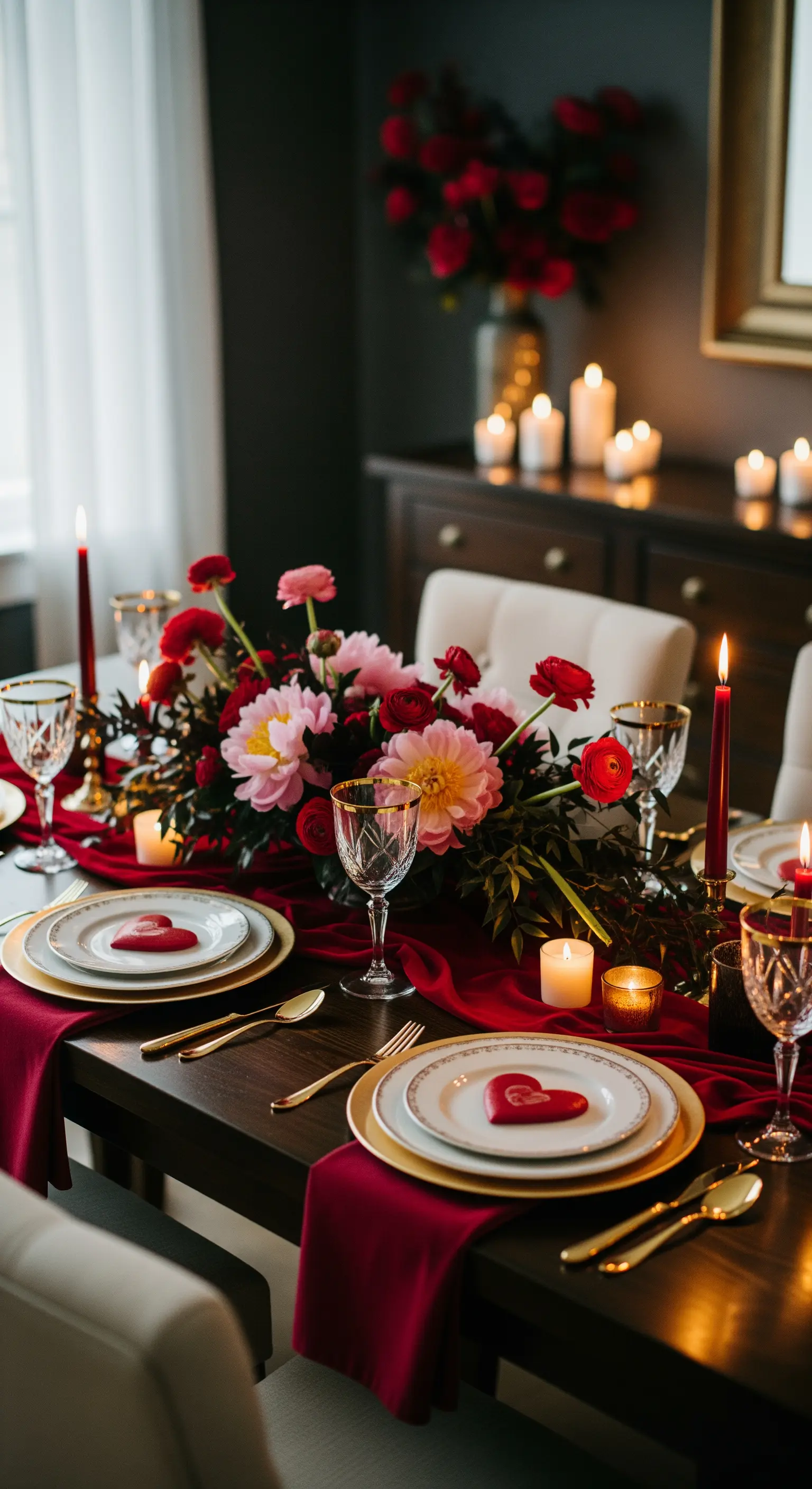 Dunkle, elegante Tischdeko mit roten Rosen, goldenem Besteck und vielen Kerzen.