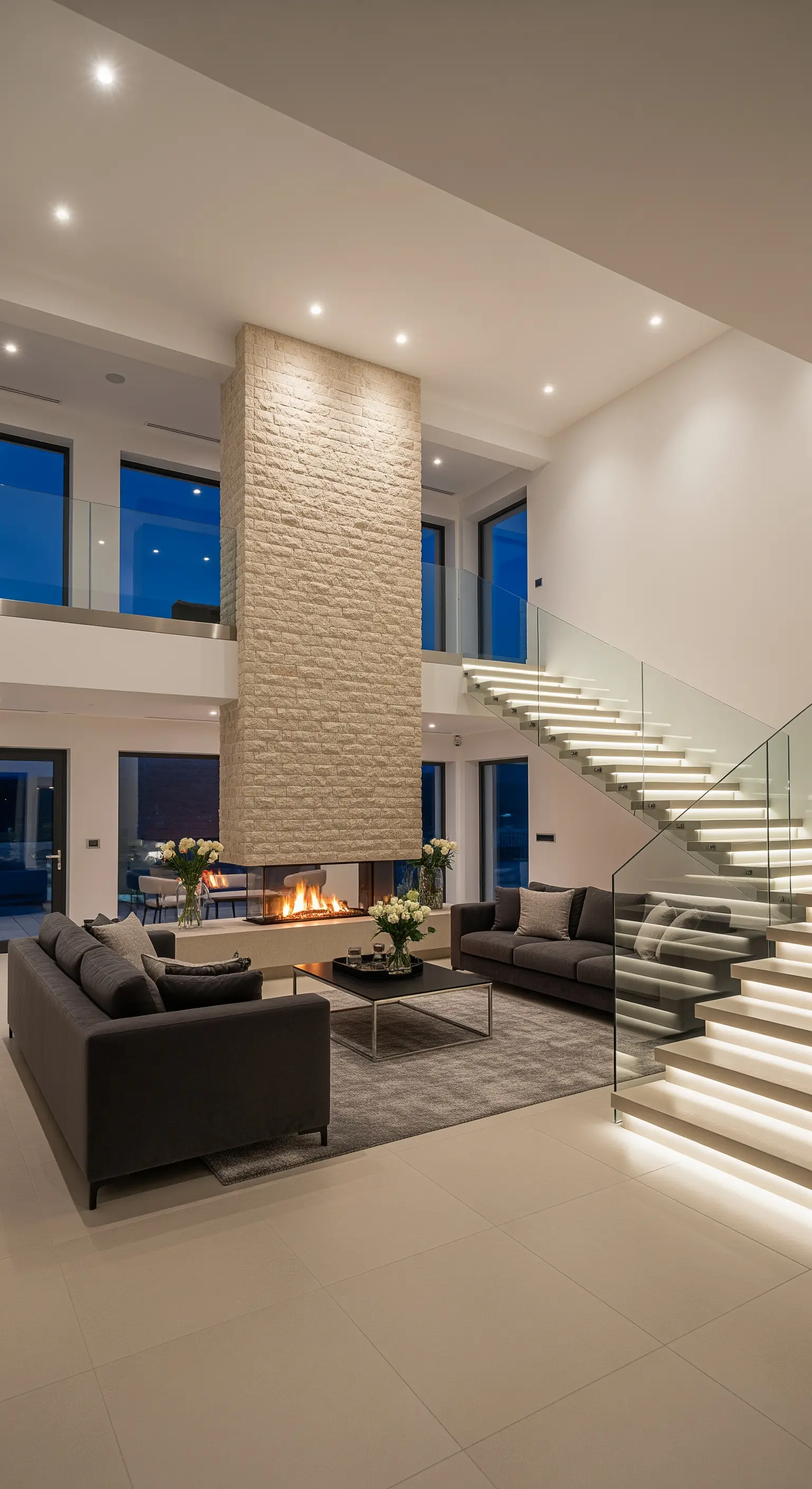 Offenes Wohnzimmer mit beleuchteter Treppe und angestrahltem Steinkamin über zwei Etagen