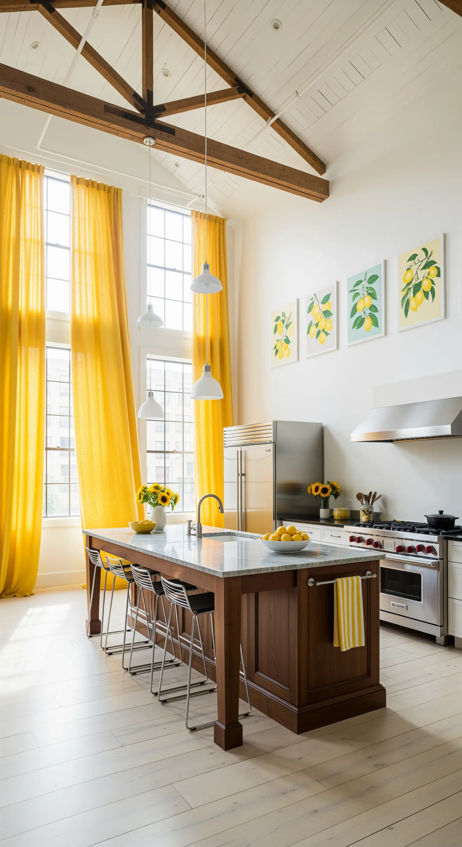Küche mit hohen gelben Vorhängen und Zitronenbildern