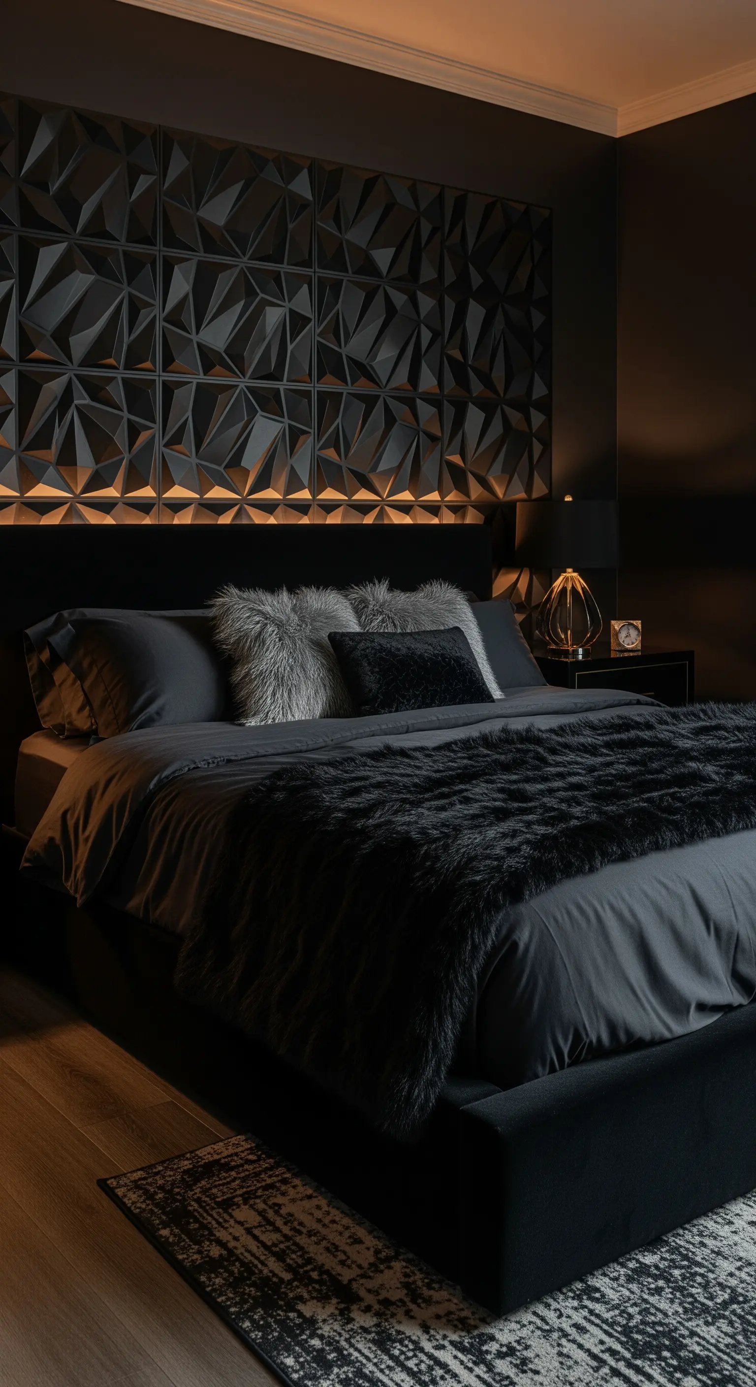 Schlafzimmer mit 3D-Wandpanelen, Felltextilien und warmer Akzentbeleuchtung