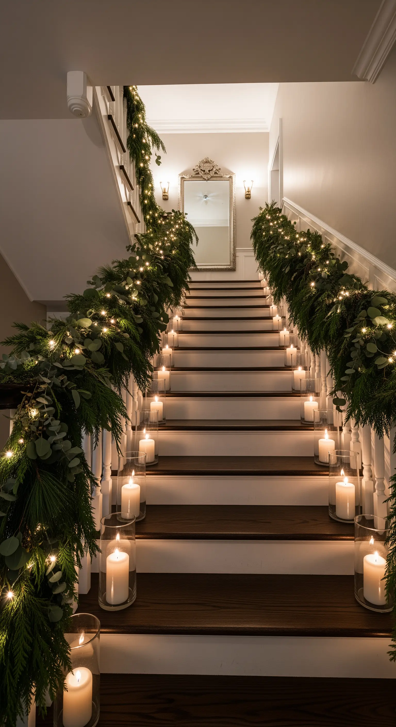 Treppe mit Tannengirlanden, Lichterketten und Kerzen in Glaszylindern
