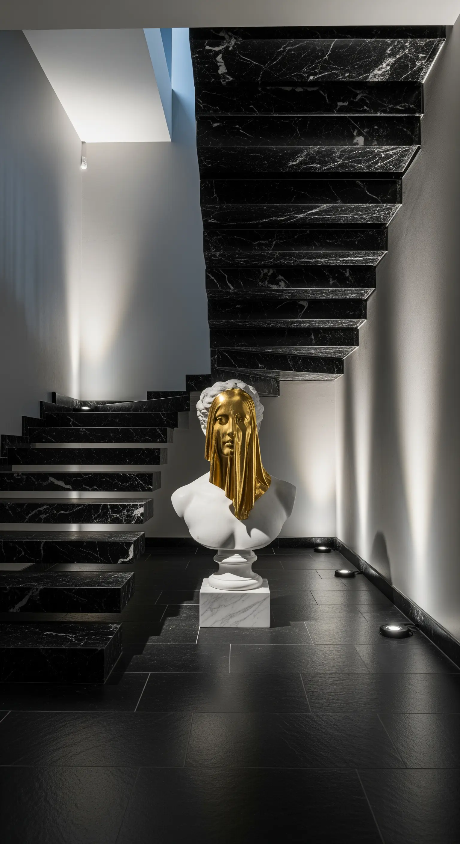 Marmorbüste mit Goldschleier am Fuß einer schwarzen Marmortreppe.