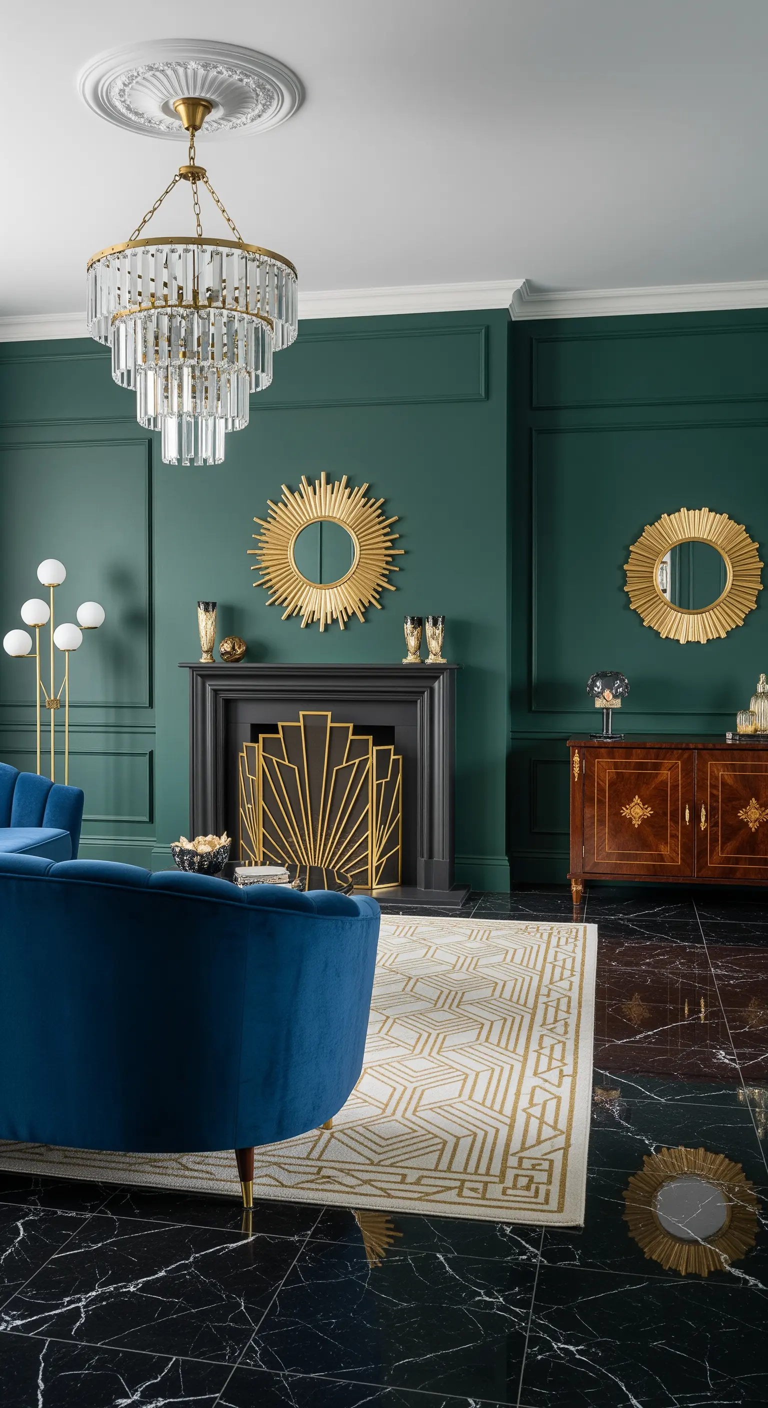 Art-Déco-Wohnzimmer mit smaragdgrünen Wänden, goldenen Spiegeln und einem Samtsofa.