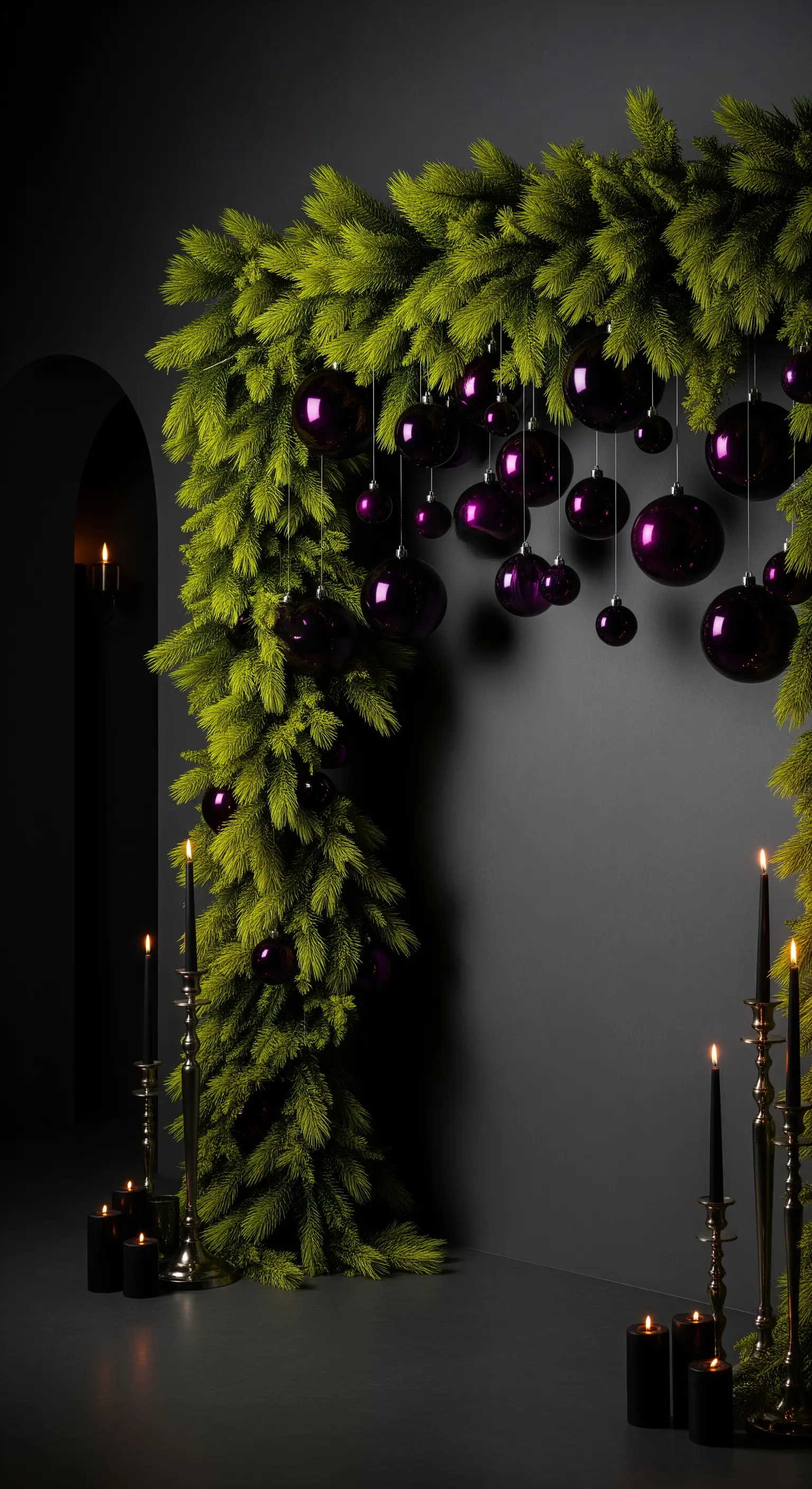 Dunkler Eingang mit Tannengirlande, tiefvioletten Weihnachtskugeln und schwarzen Kerzen.