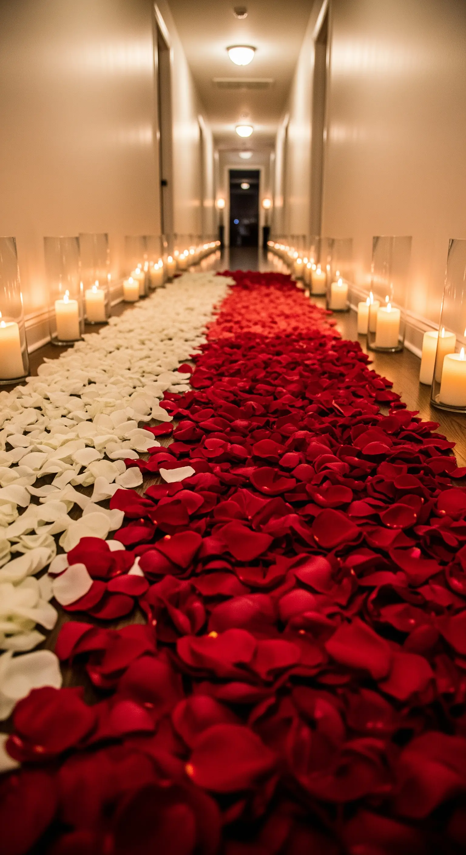 Flur dekoriert mit roten und weißen Rosenblättern und beleuchtet von Kerzen in Glasvasen.