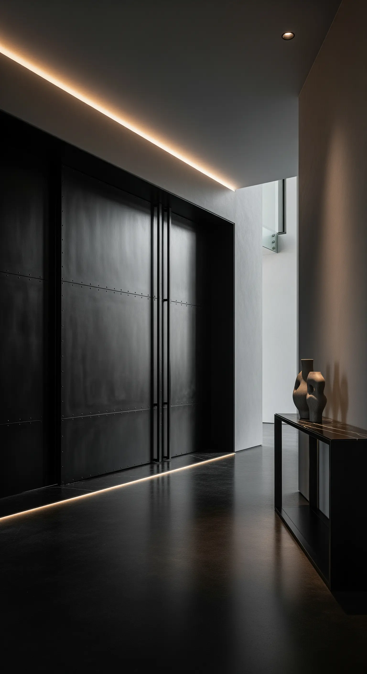 Flur mit matt-schwarzen Schiebetüren, LED-Bodenbeleuchtung und minimalistischem Konsolentisch