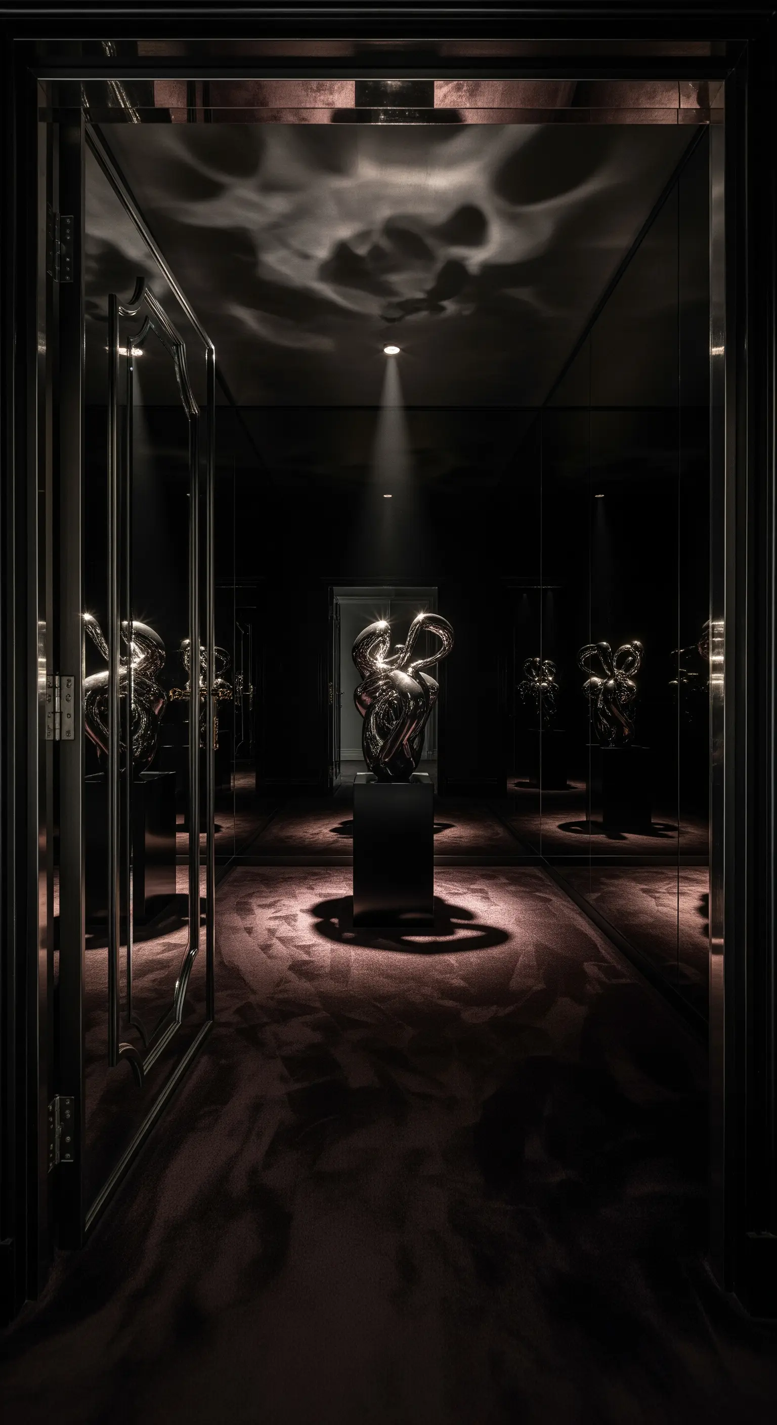 Dunkler Flur mit Spiegelwänden, Spotlight und Skulptur am Ende