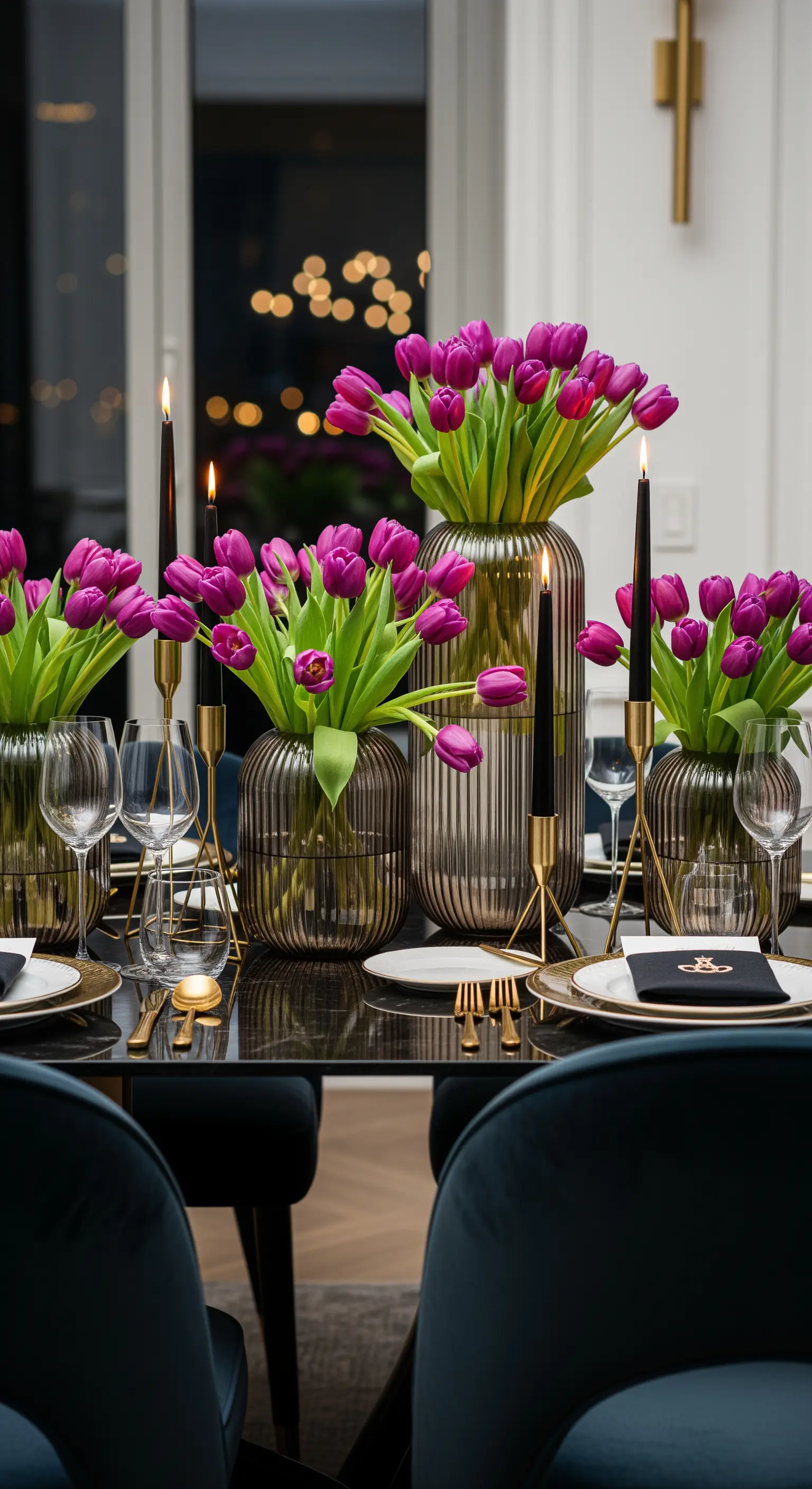 Lila Tulpen in geriffelten Rauchglasvasen mit schwarzen und goldenen Kerzenleuchtern
