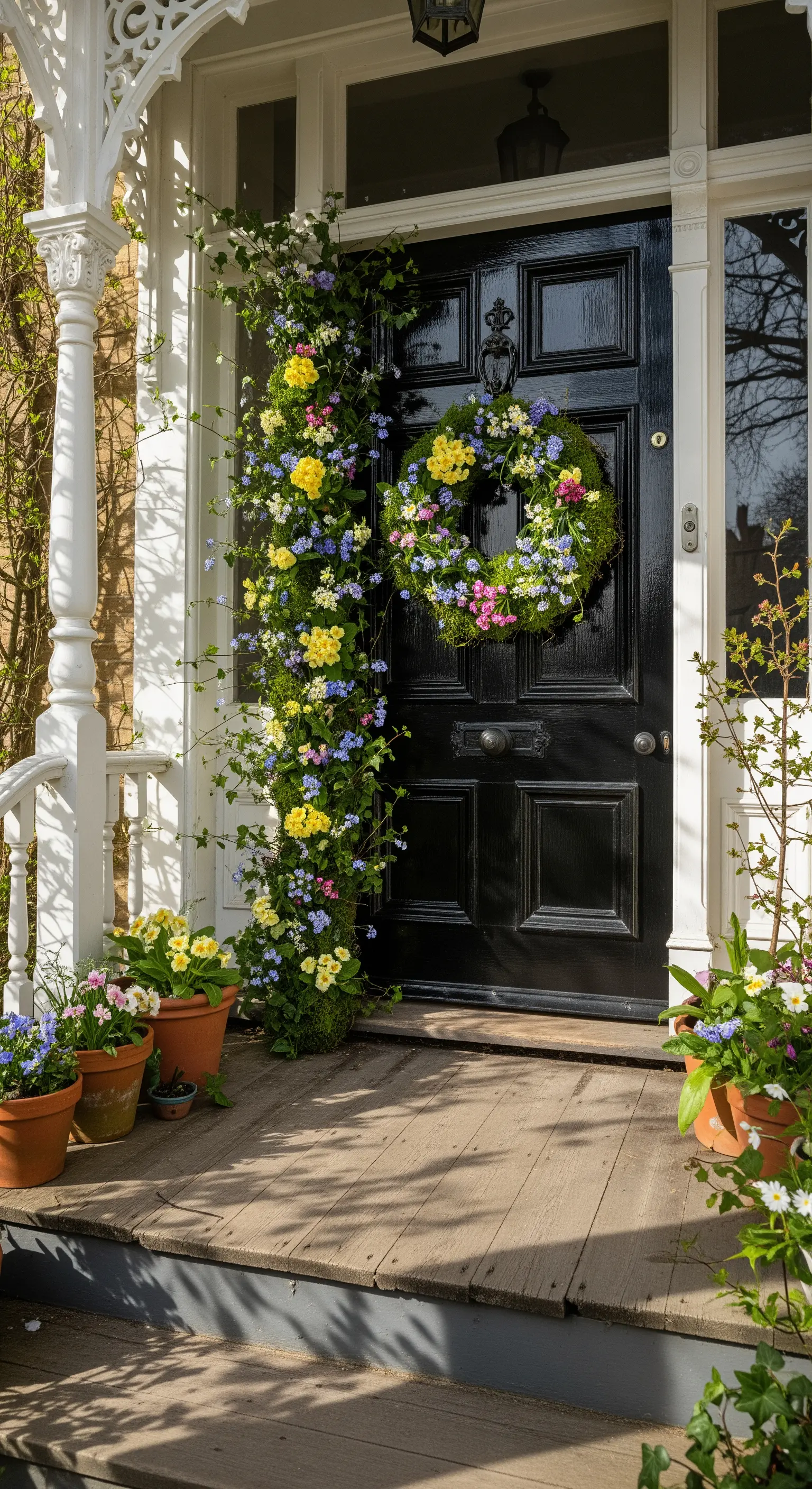 Üppiger Frühlingskranz und Blumengirlande an eleganter schwarzer Tür