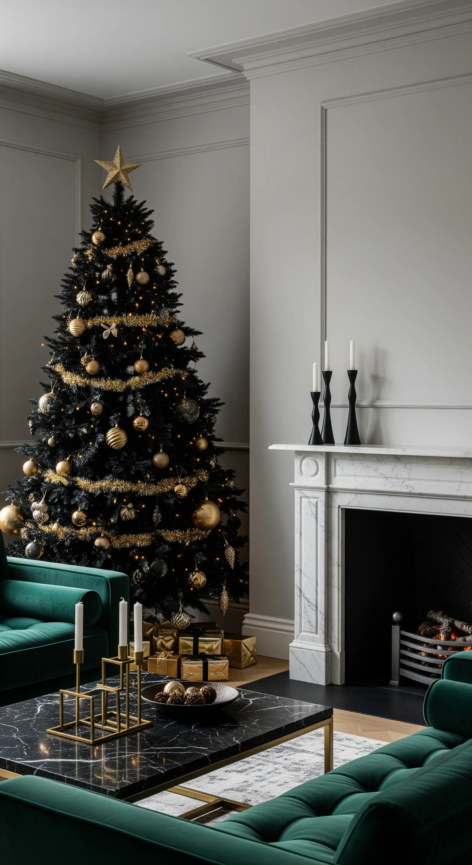 Glamouröse Weihnachtsdeko, schwarzer Baum, goldener Schmuck, grüne Samtsofas