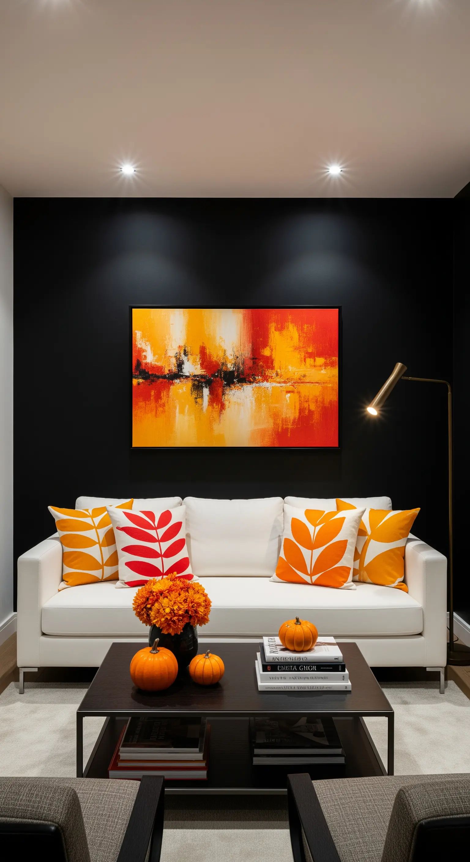Schwarzer Raum mit weißem Sofa, orange-roter Kunst und Kürbissen.