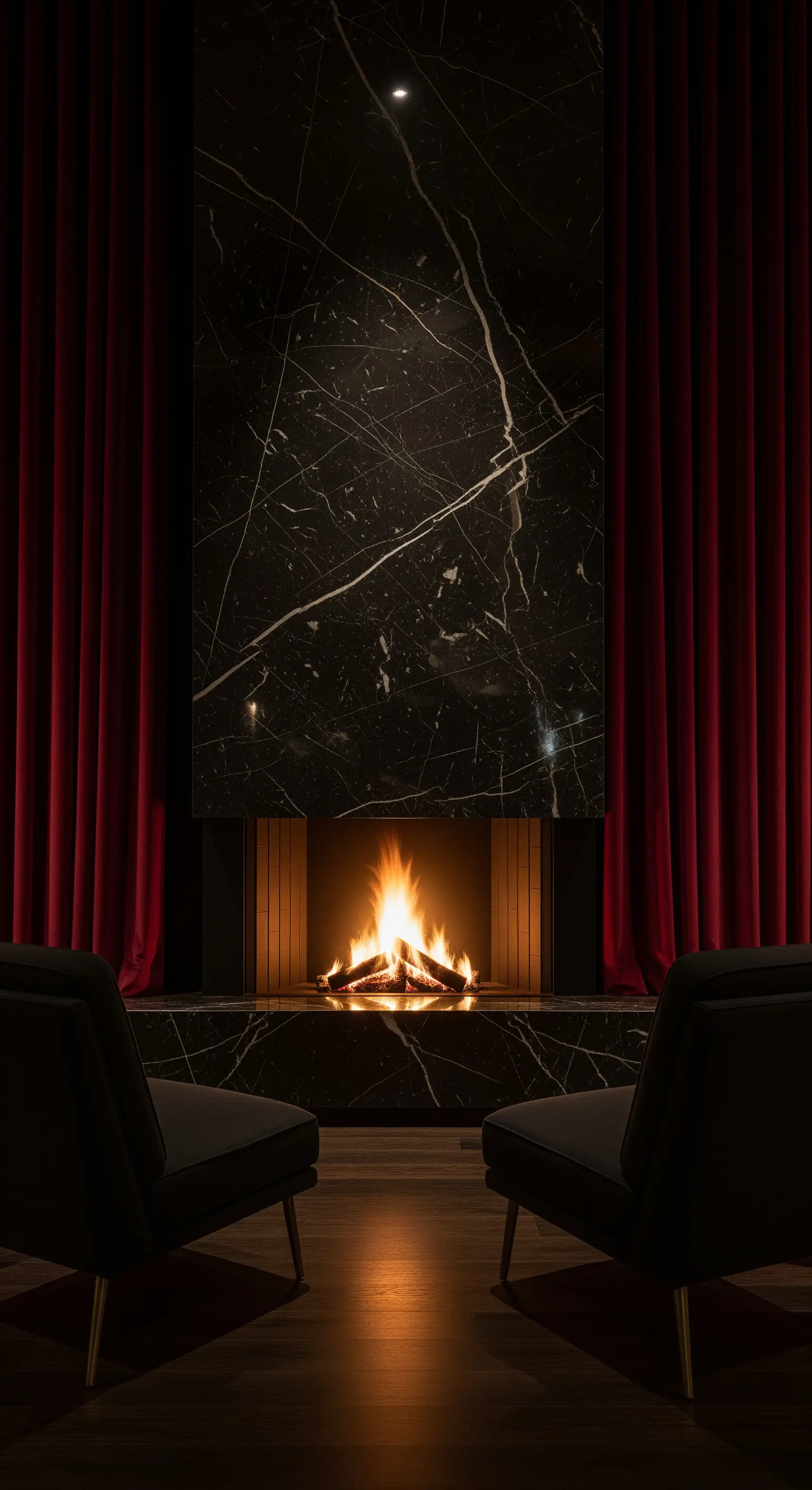 Kamin mit schwarzem Marmor, rotem Samtvorhängen und minimalistischen Sesseln