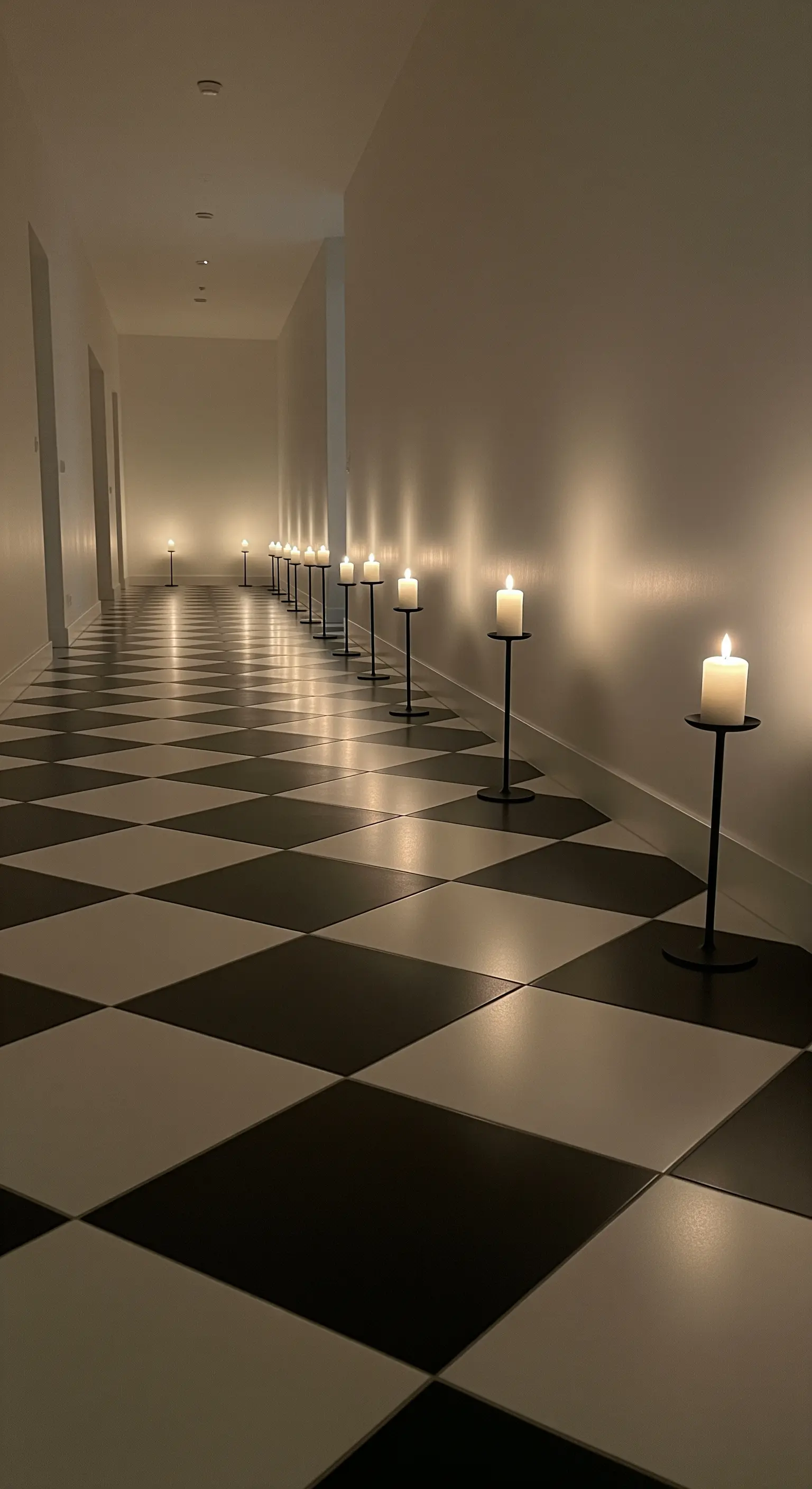 Langer Flur mit Schachbrettboden und Kerzen auf schwarzen Podesten.