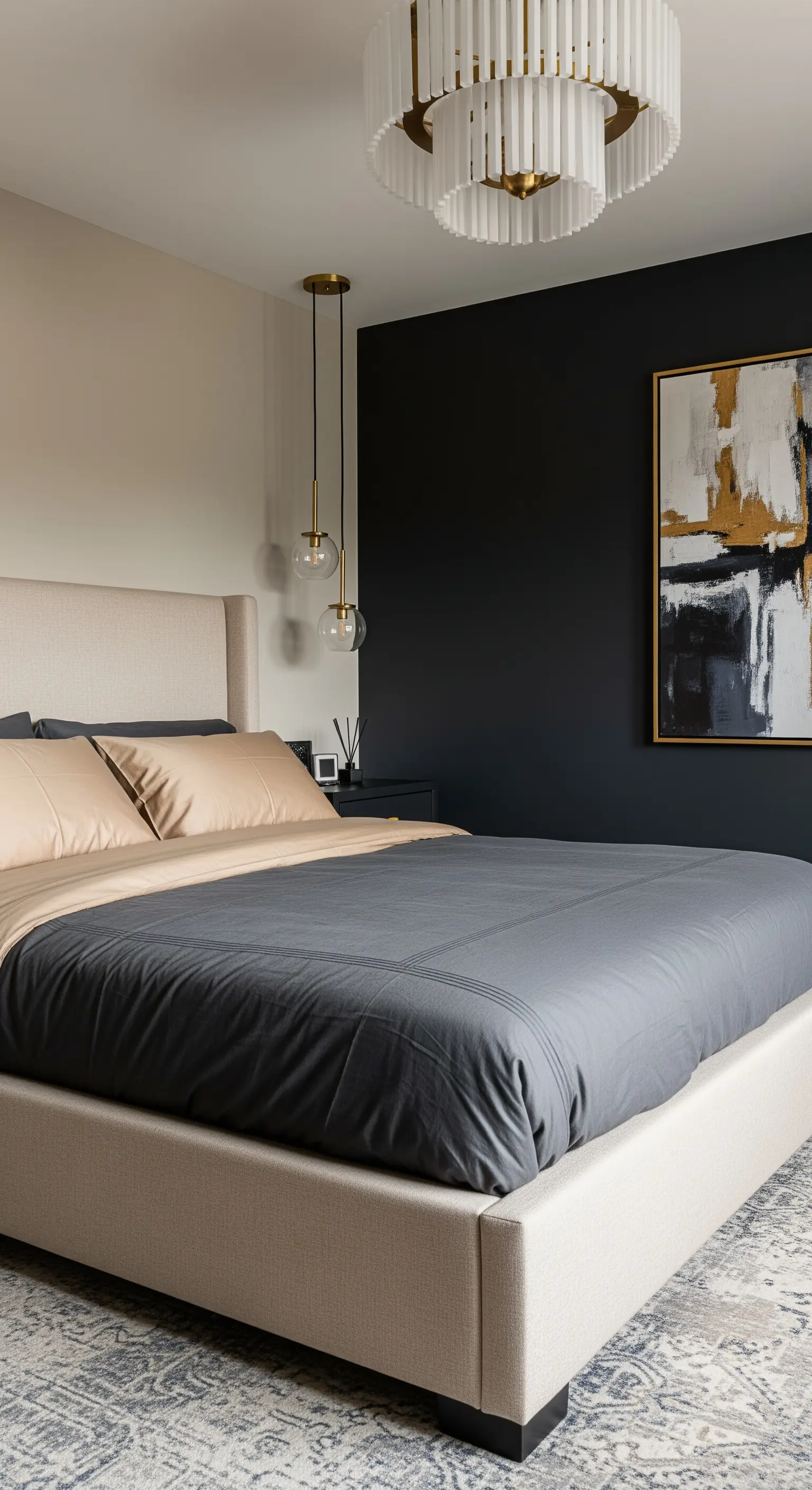 Modernes Schlafzimmer mit dunkler Akzentwand, hellem Bett und Gold-Akzenten.