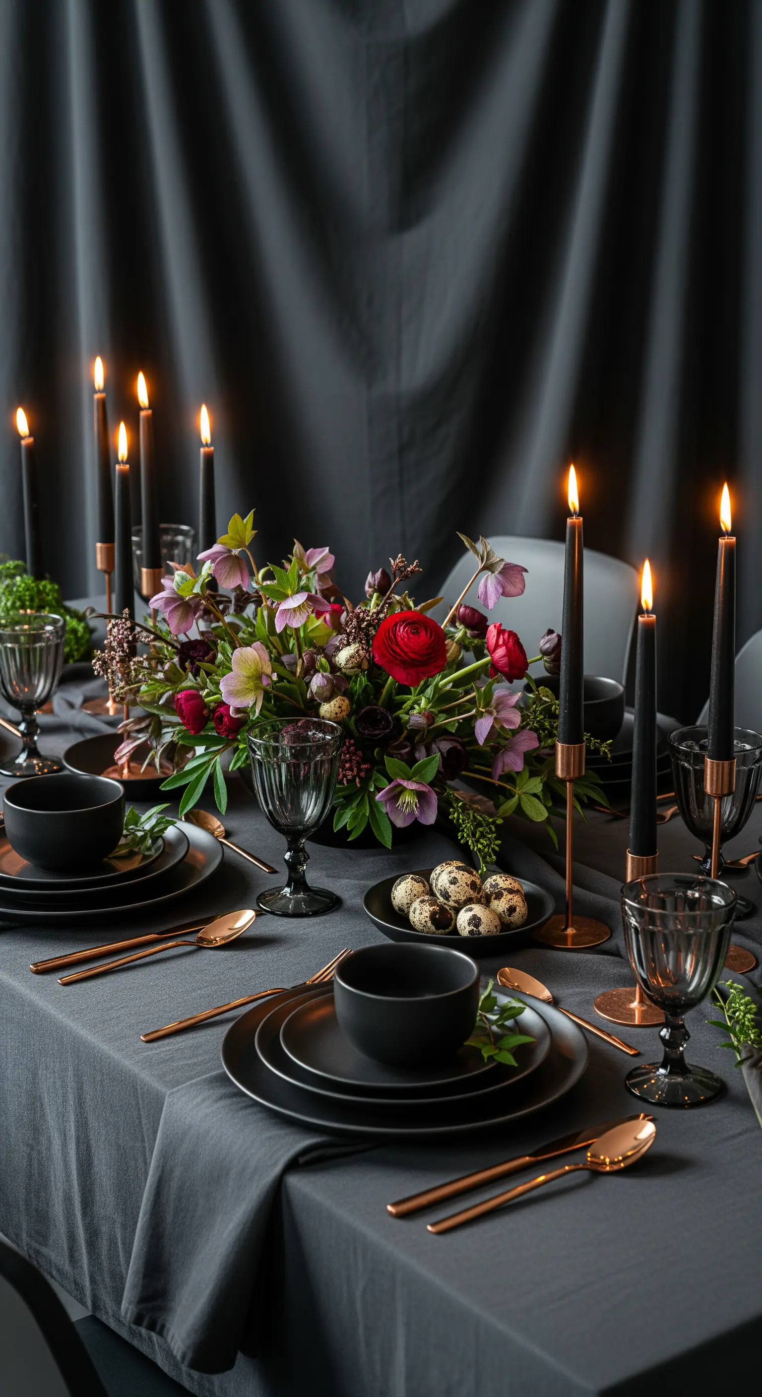 Dunkle, elegante Ostertafel mit farbenfrohem Blumenstrauß und schwarzen Kerzen.