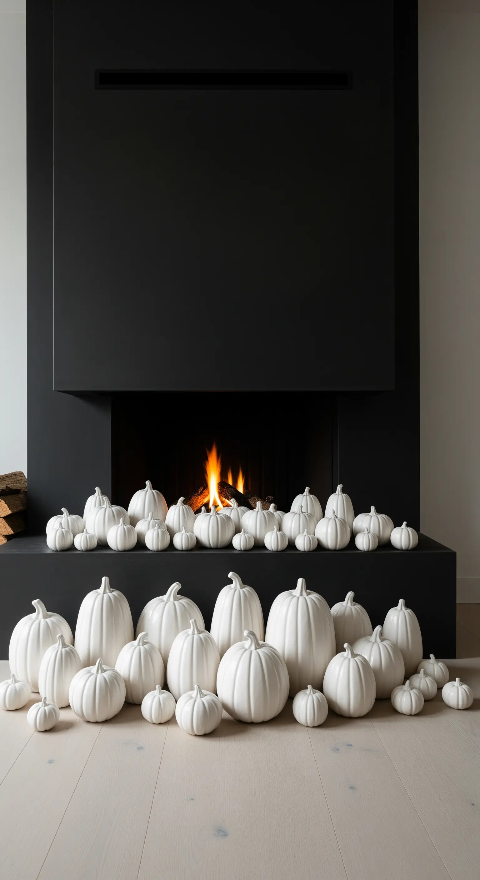 Moderner schwarzer Kamin mit einer Fülle von weißen Keramikkürbissen auf dem Sims und Boden.