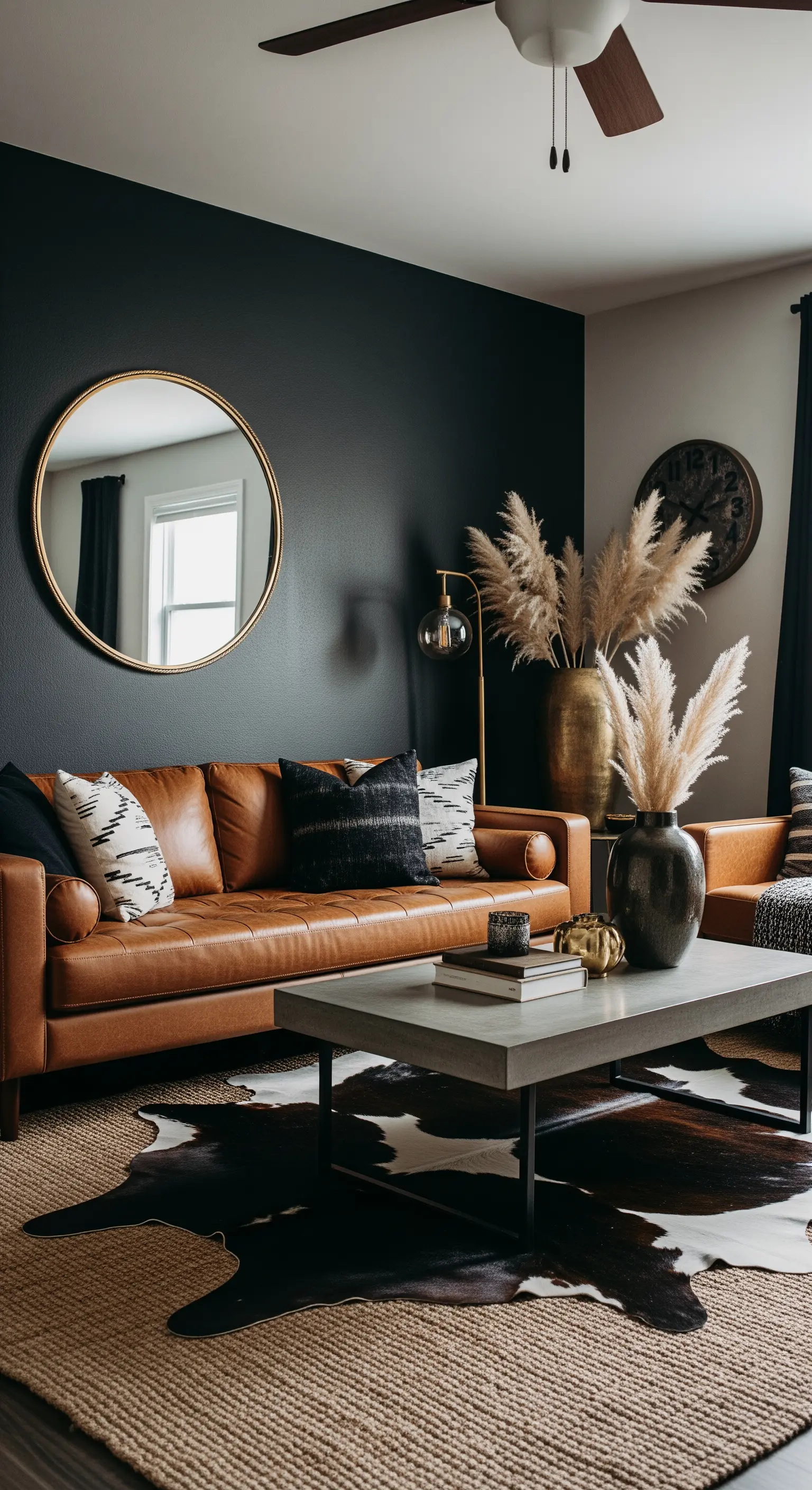 Wohnzimmer mit schwarzer Akzentwand, Ledersofa in Cognac und goldenem Spiegel.