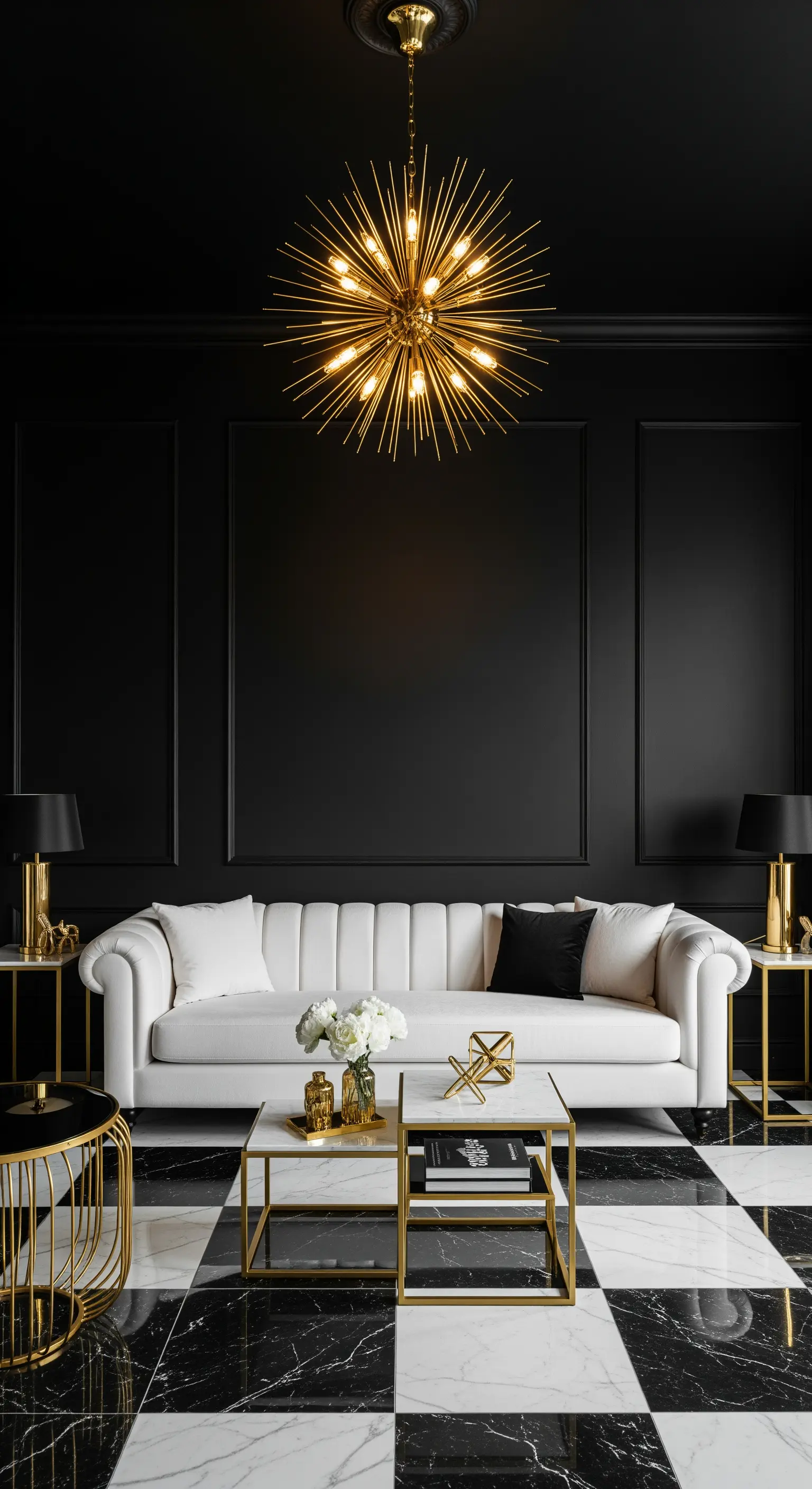 Weisses Sofa vor einer schwarzen Wand mit goldenen Lampen und einem schwarz-weissen Marmorboden.