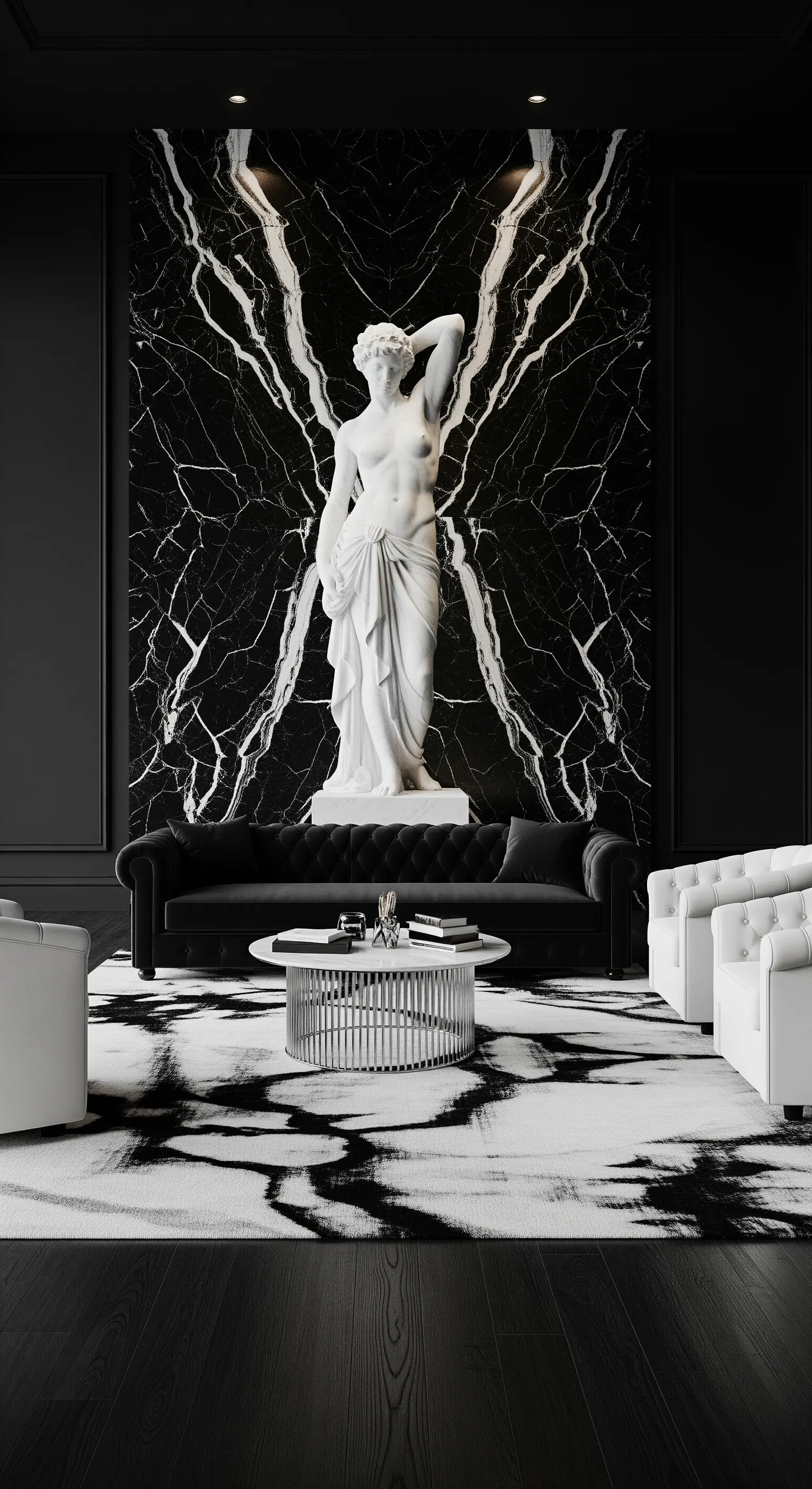 Weiße Marmorstatue vor einer dramatischen Wand aus schwarzem Marmor in einem monochromen Interieur.