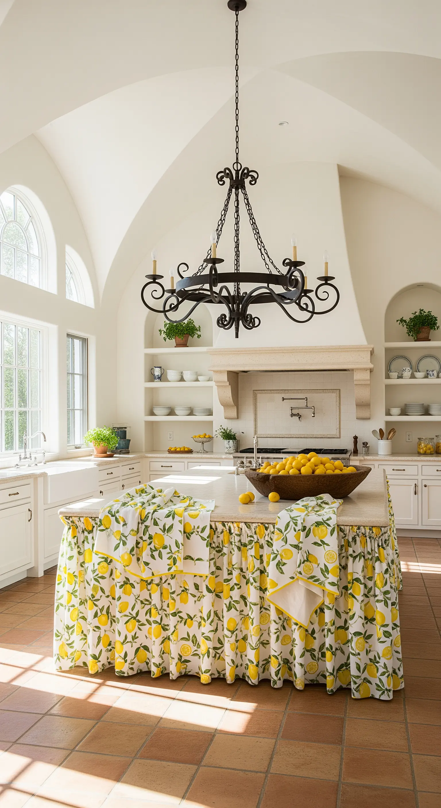 Kücheninsel mit zitronengemusterter Verkleidung und Kronleuchter