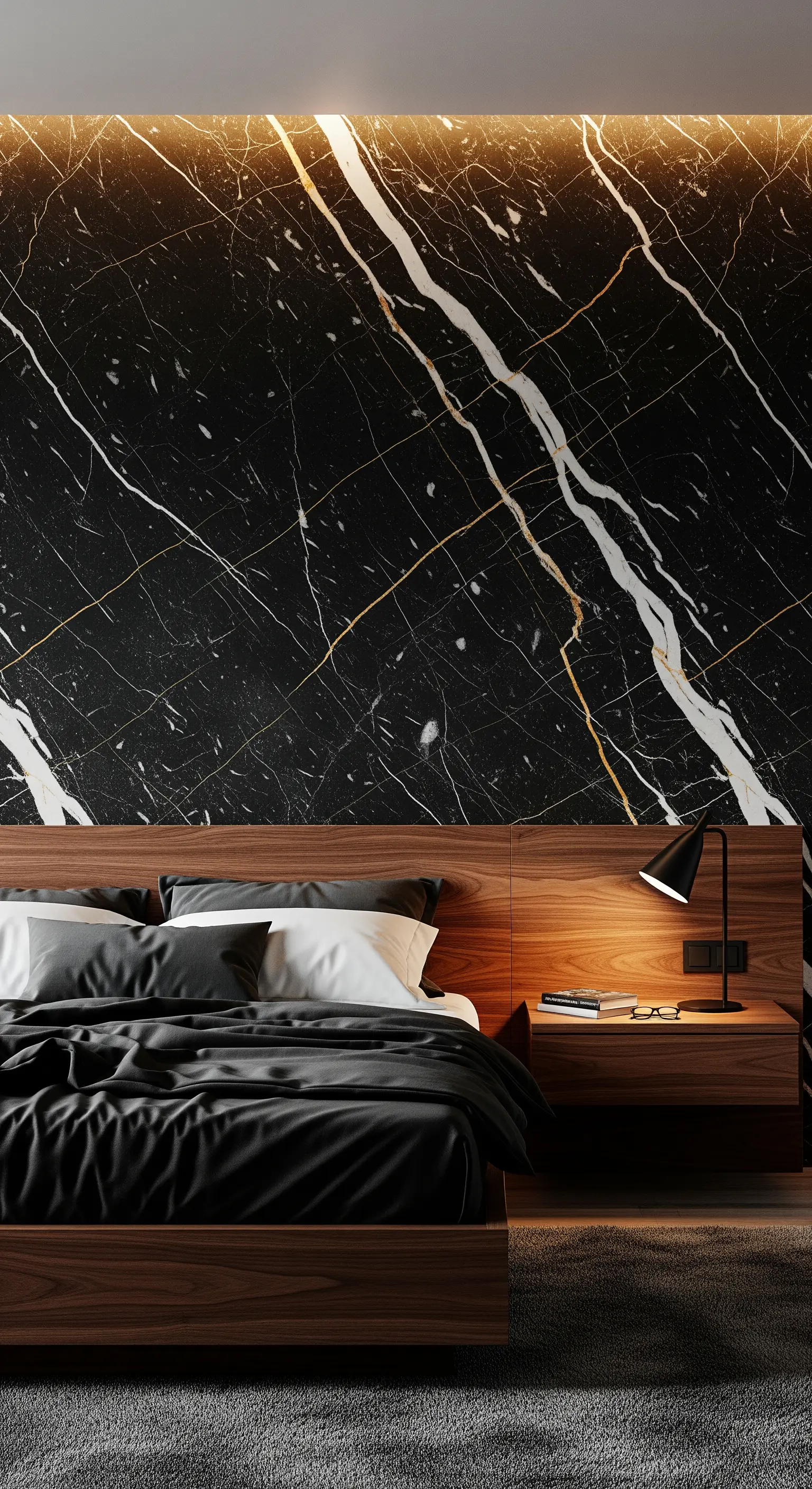 Statement-Wand aus schwarzem Marmor mit goldenen Adern hinter einem Holzbett.