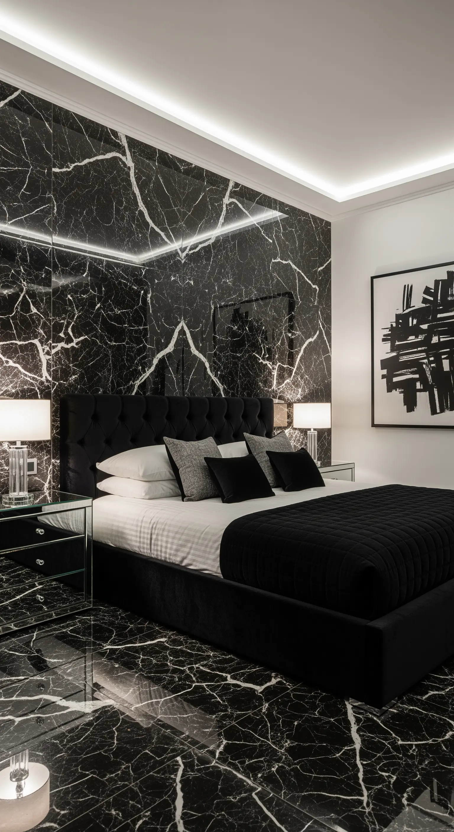 Schlafzimmer mit Wänden und Boden aus schwarzem Marmor, akzentuiert durch indirekte LED-Beleuchtung.