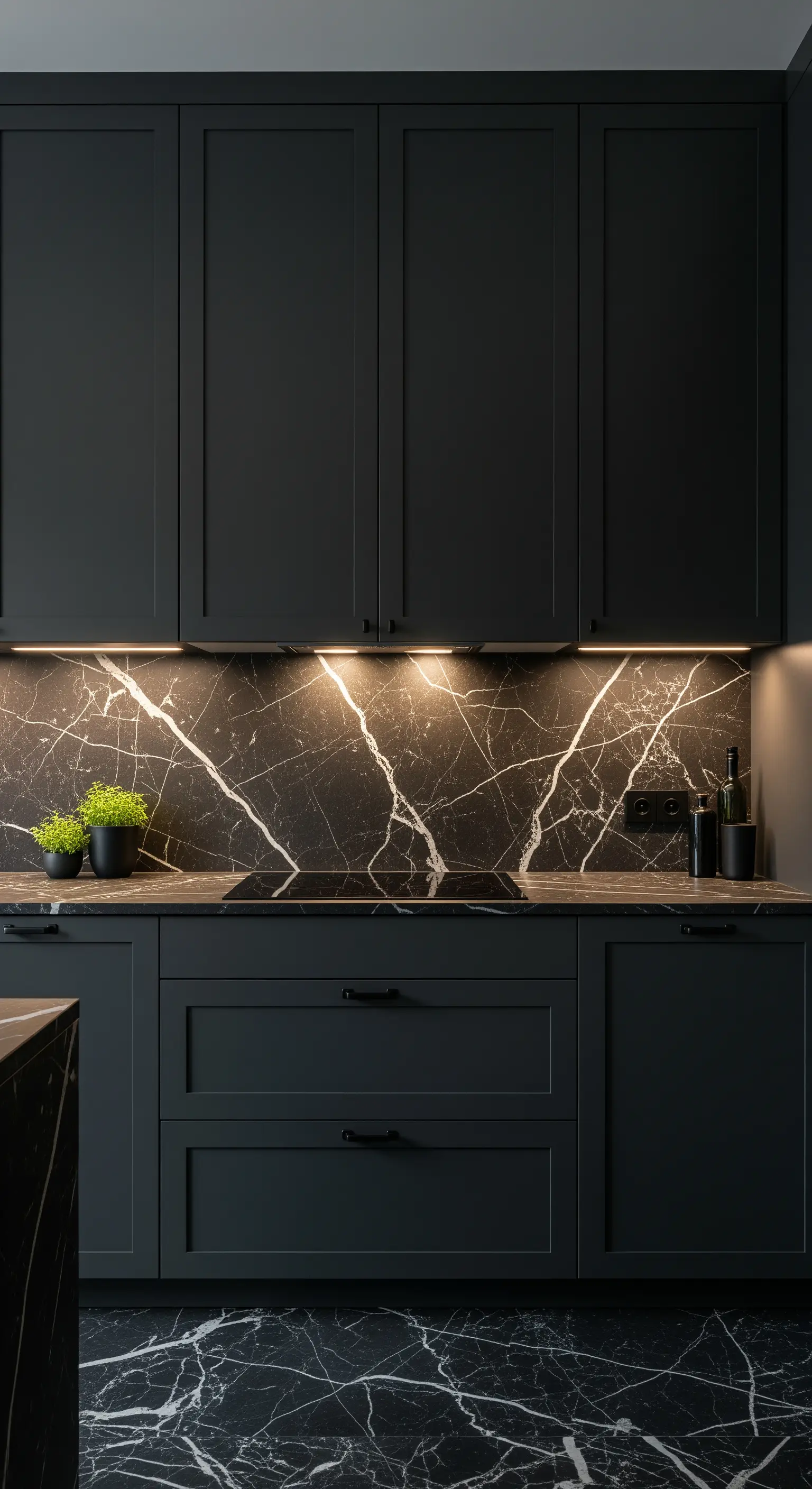 Schwarze Küche mit durchgehendem schwarzen Marmor als dramatisches Statement