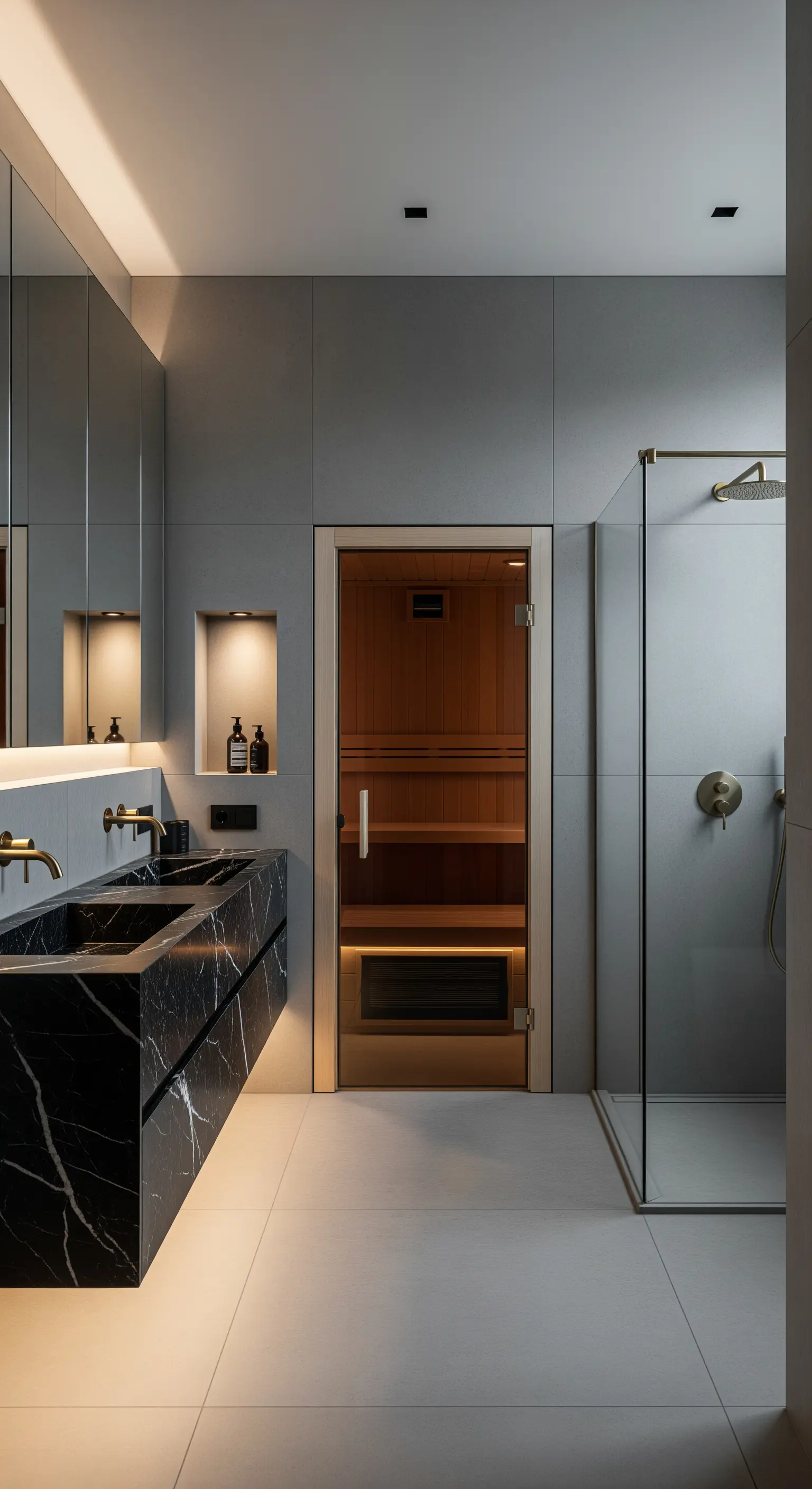 Modernes Bad mit schwarzem Marmor-Waschtisch und integrierter Sauna.