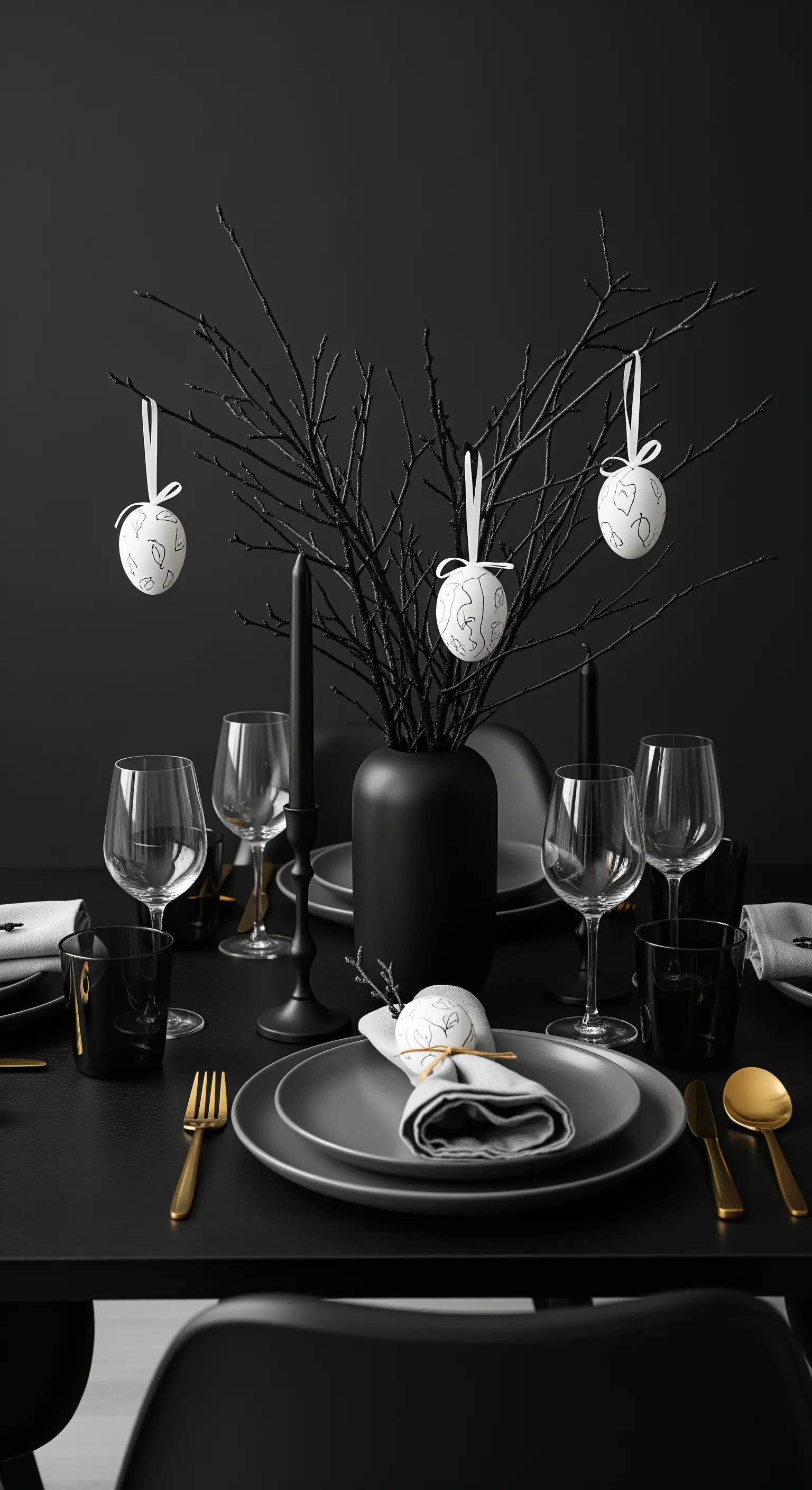 Schwarze Ostertafel mit schwarzen Zweigen, weißen Eiern und goldenem Besteck